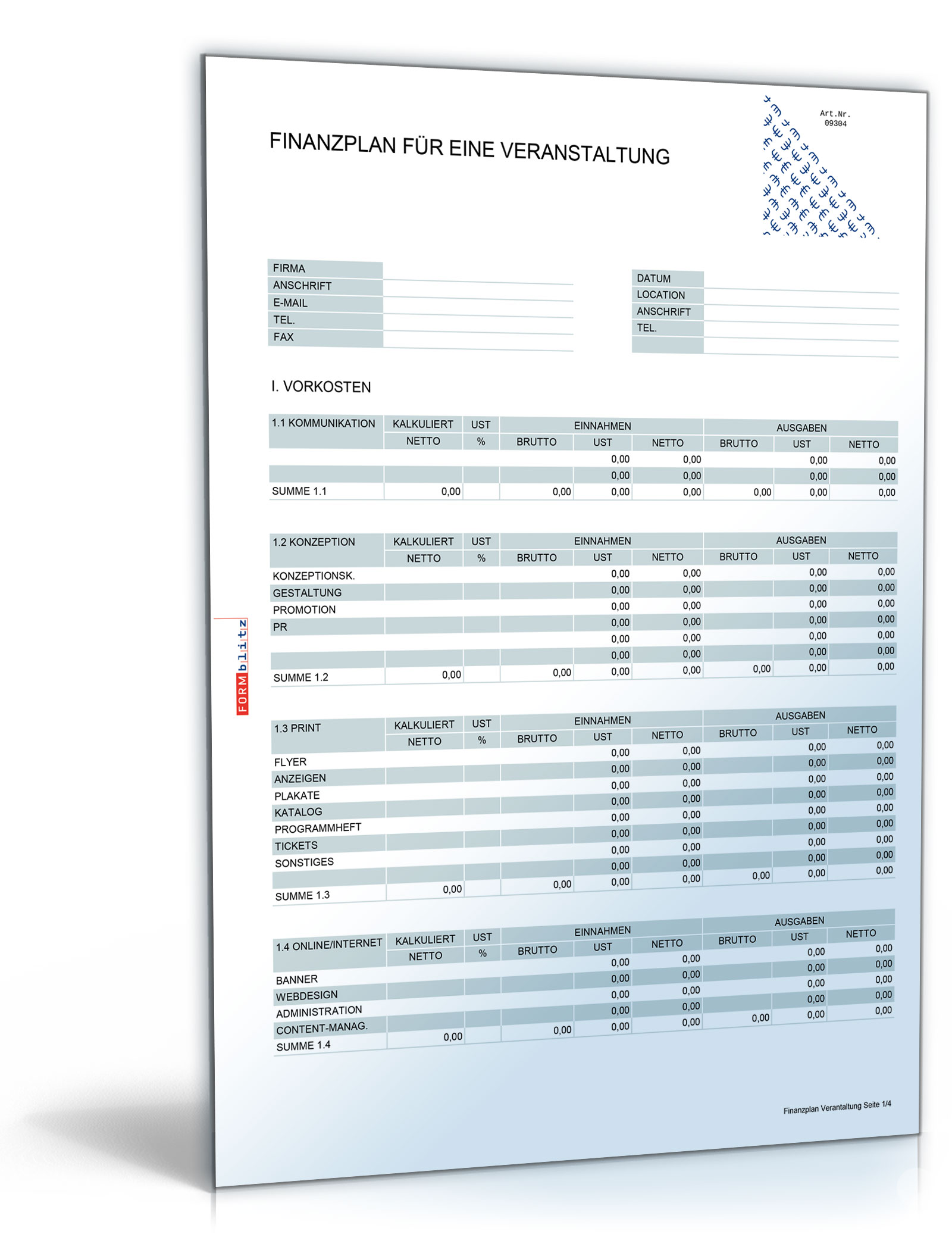 Finanzierungsplan für eine Veranstaltung Dokument zum Download