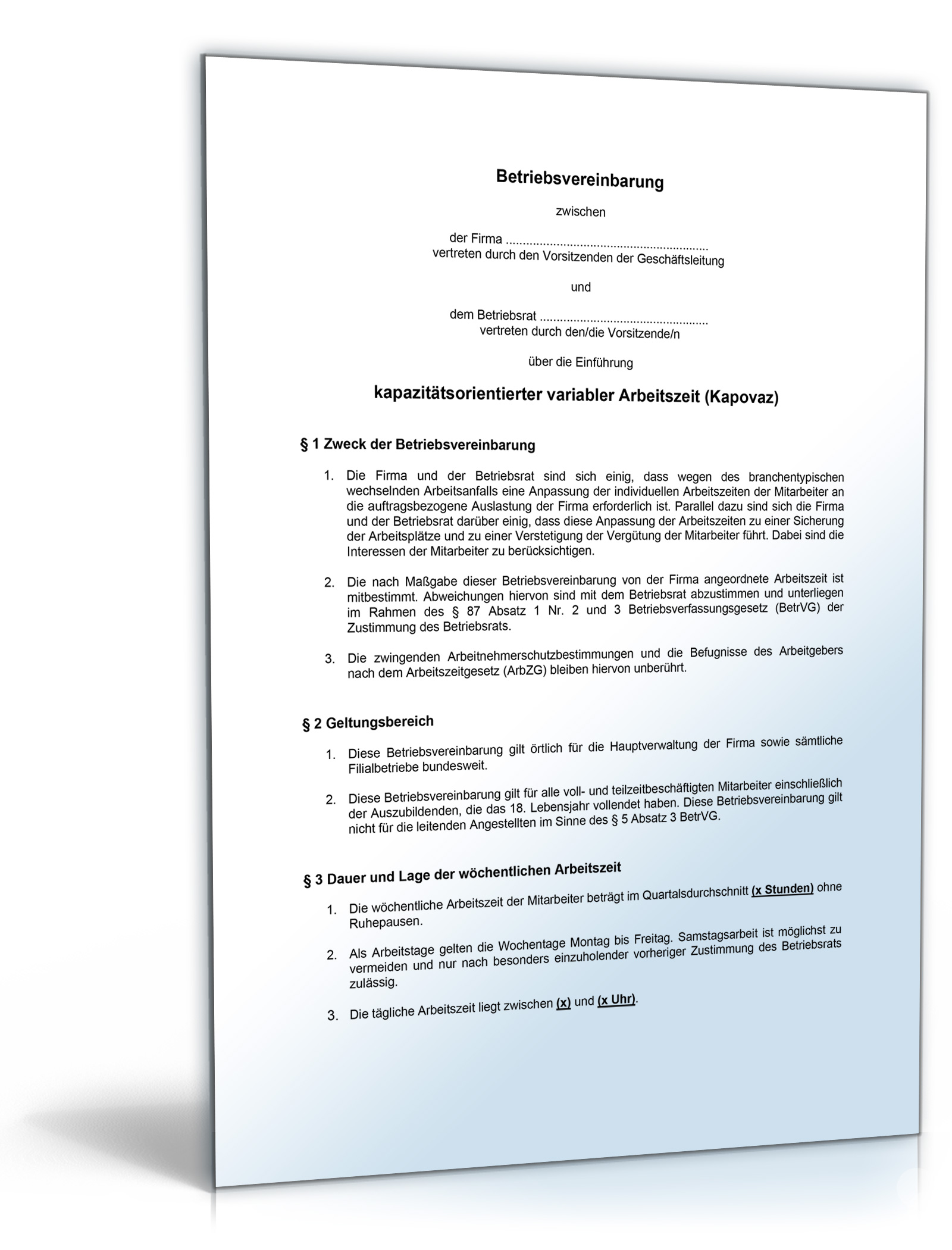 Betriebsvereinbarung über kapazitätsorientierte variable Arbeitszeit (Kapovaz) Dokument zum Download