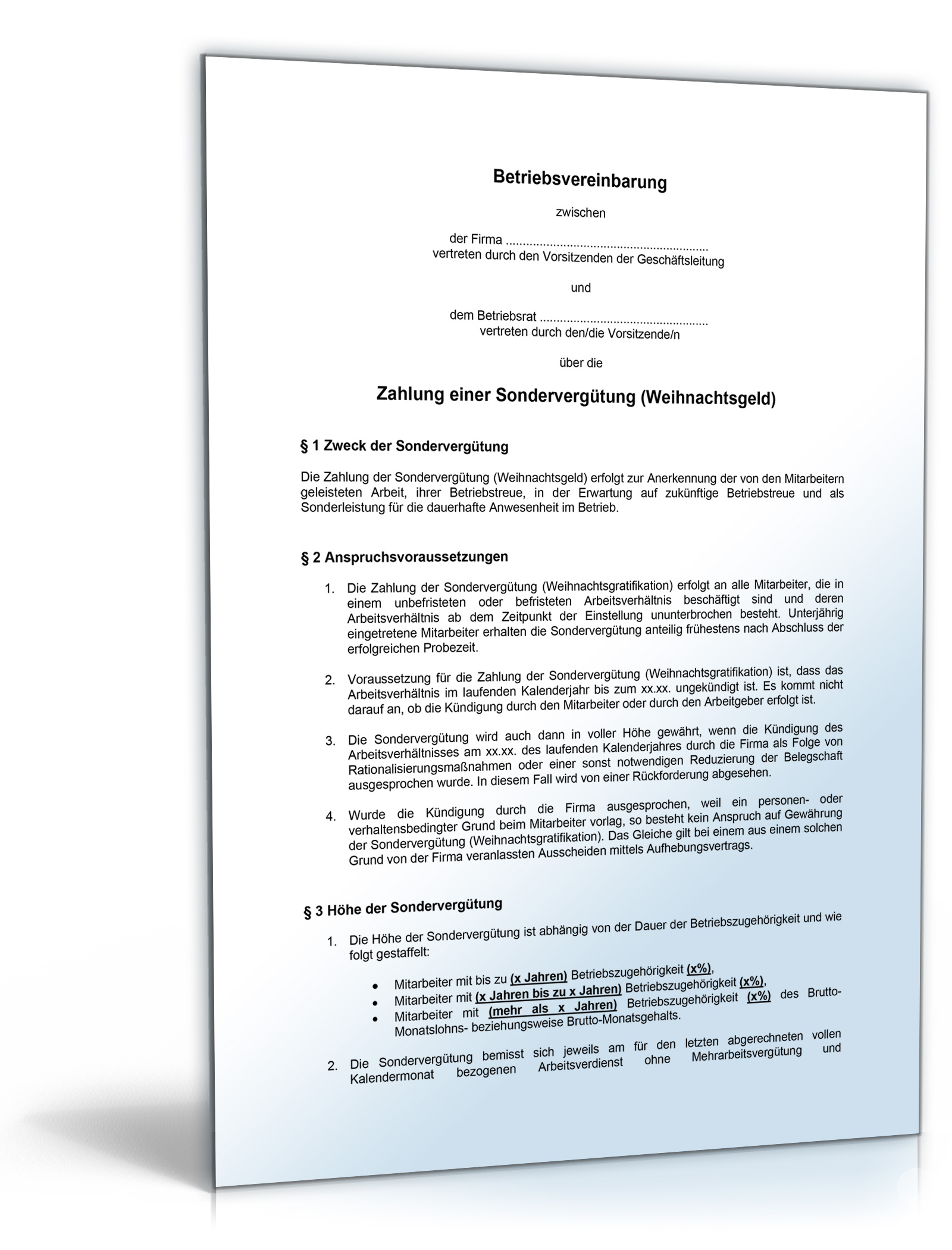 Betriebsvereinbarung über die Zahlung einer Sondervergütung (Weihnachtsgeld) Dokument zum Download
