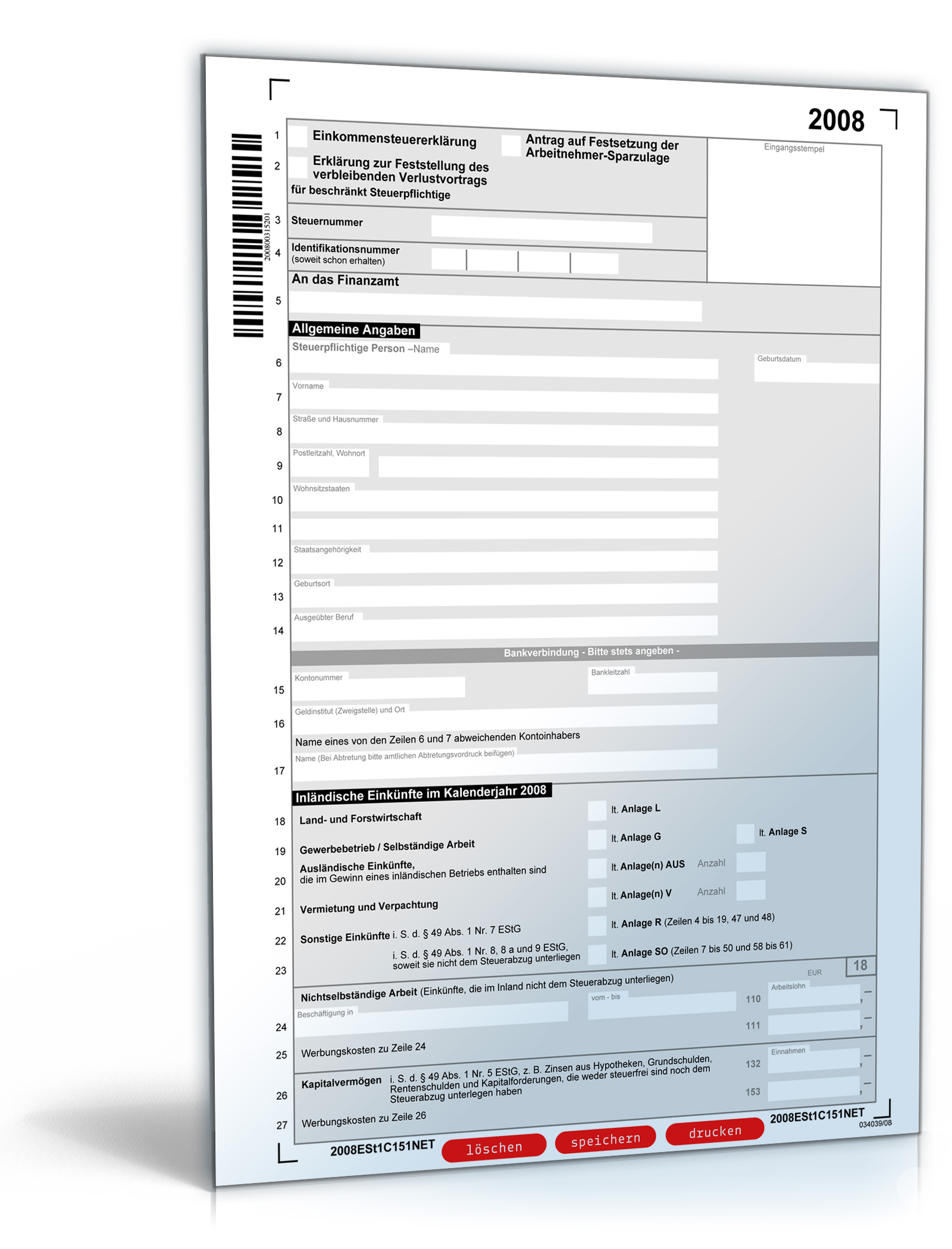 Einkommensteuererklärung für beschränkt Steuerpflichtige (Mantelbogen) 2008 Dokument zum Download