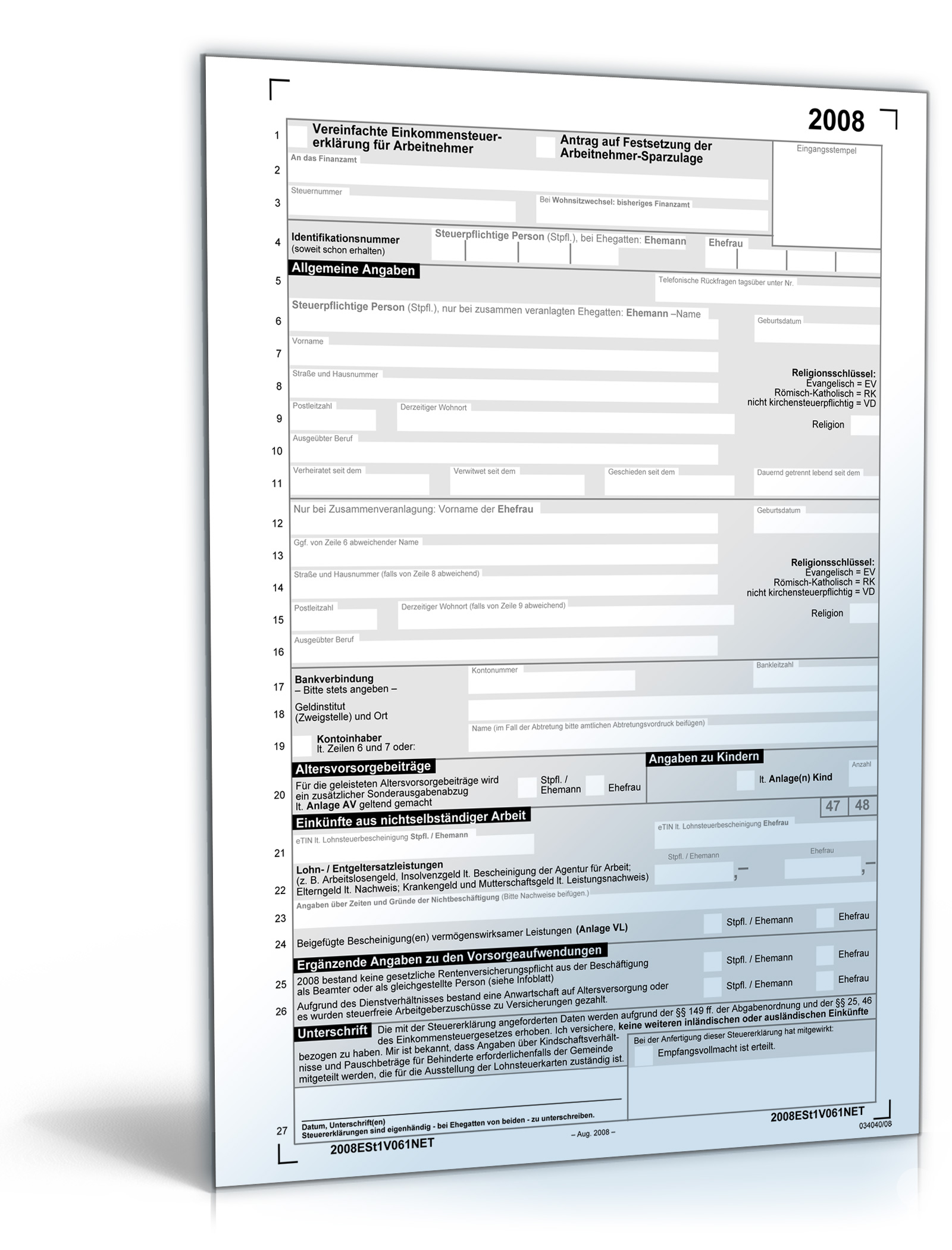 Vereinfachte Einkommensteuererklärung für Arbeitnehmer (Mantelbogen) 2008 Dokument zum Download