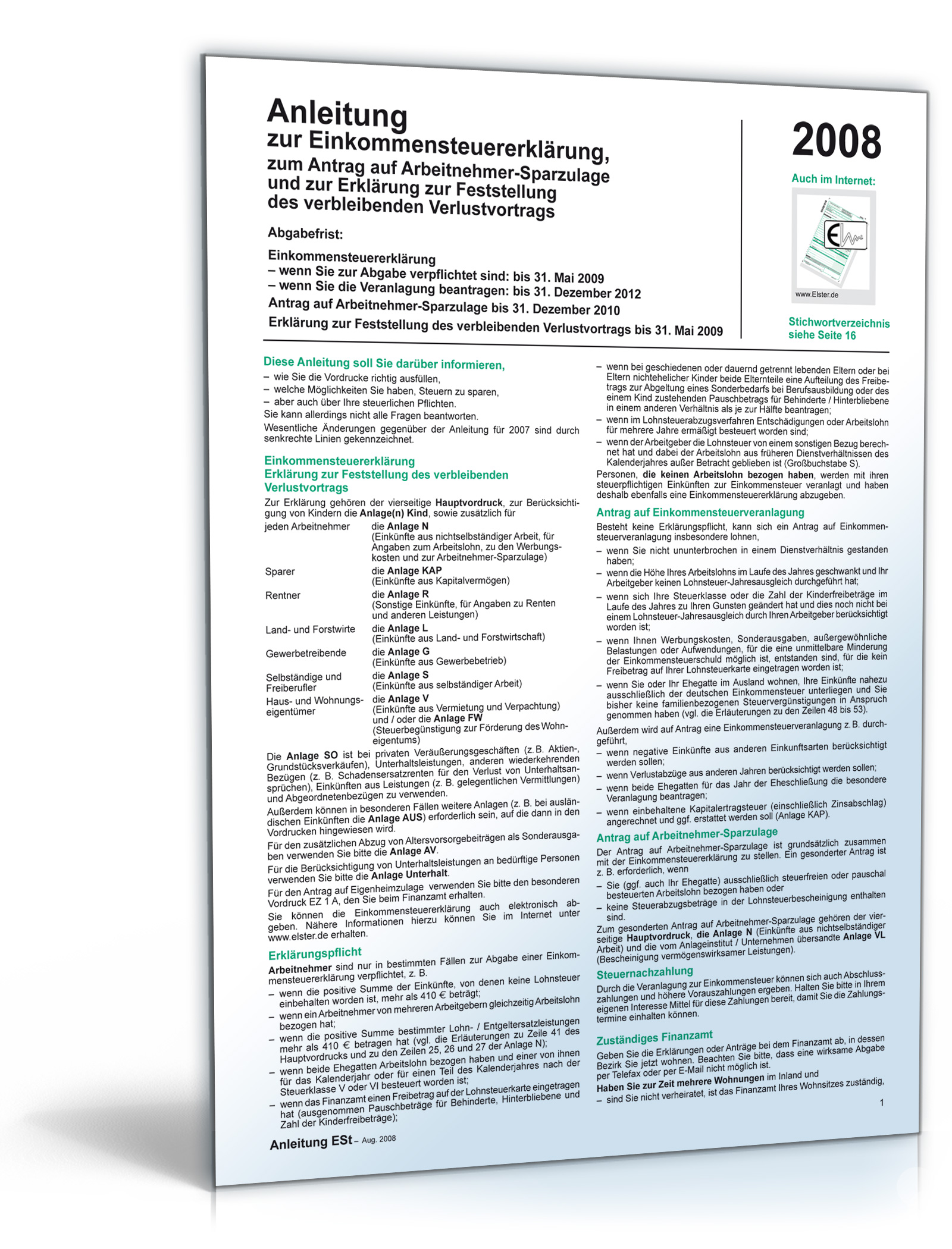 Anleitung zur Einkommensteuererklärung (Mantelbogen) 2008 Dokument zum Download