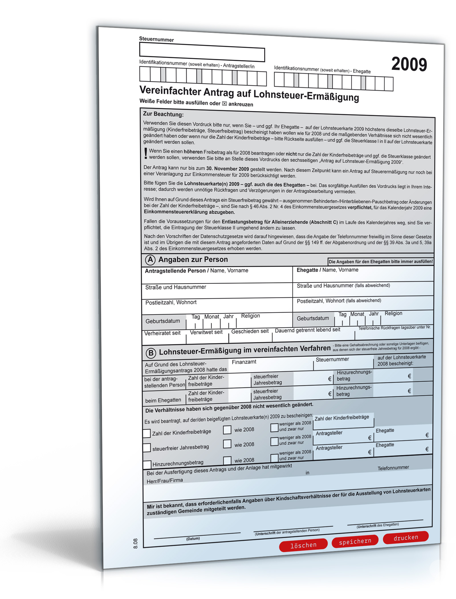 Vereinfachter Antrag auf Lohnsteuerermässigung 2009 Dokument zum Download