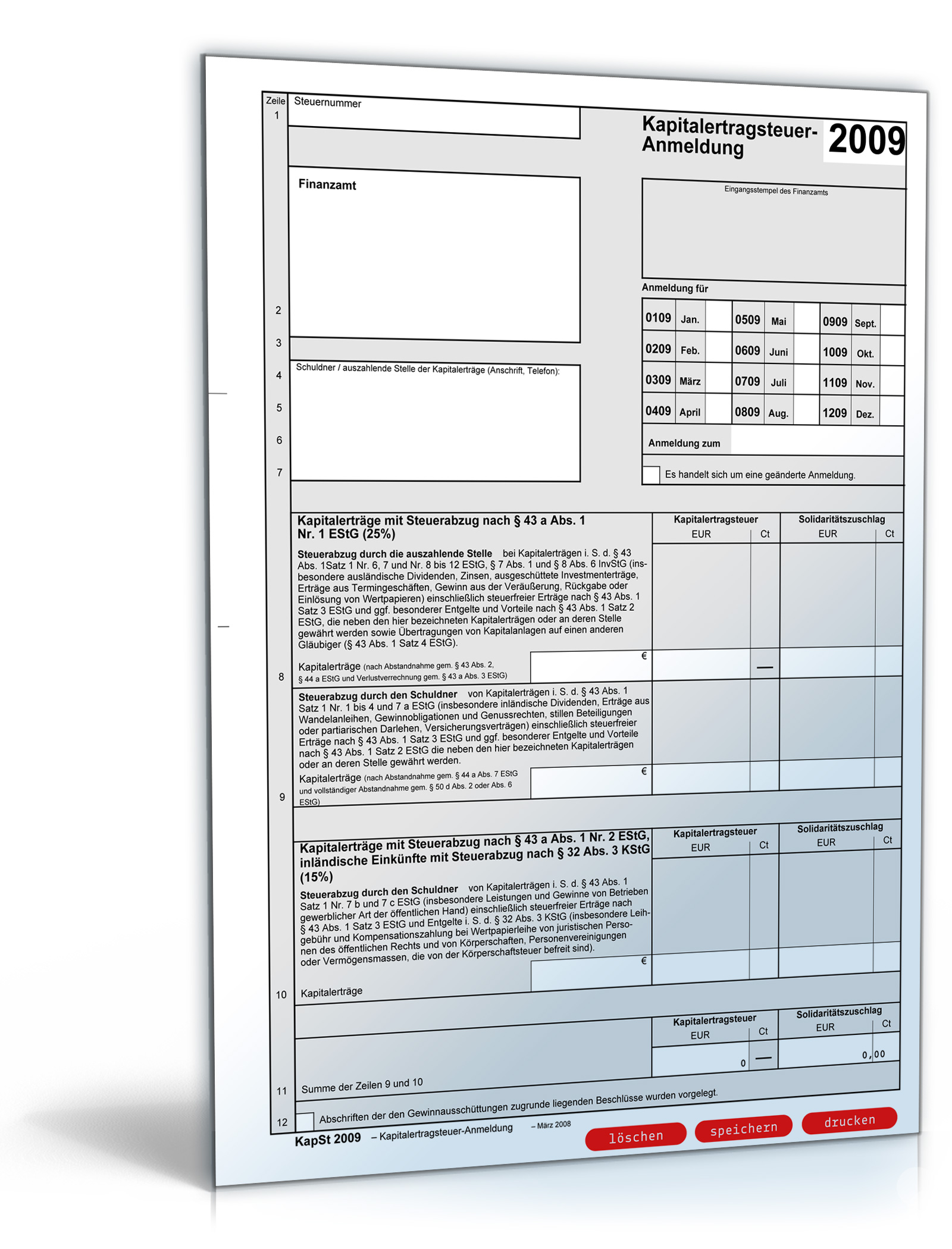 Anmeldung Kapitalertragsteuer 2009 Dokument zum Download