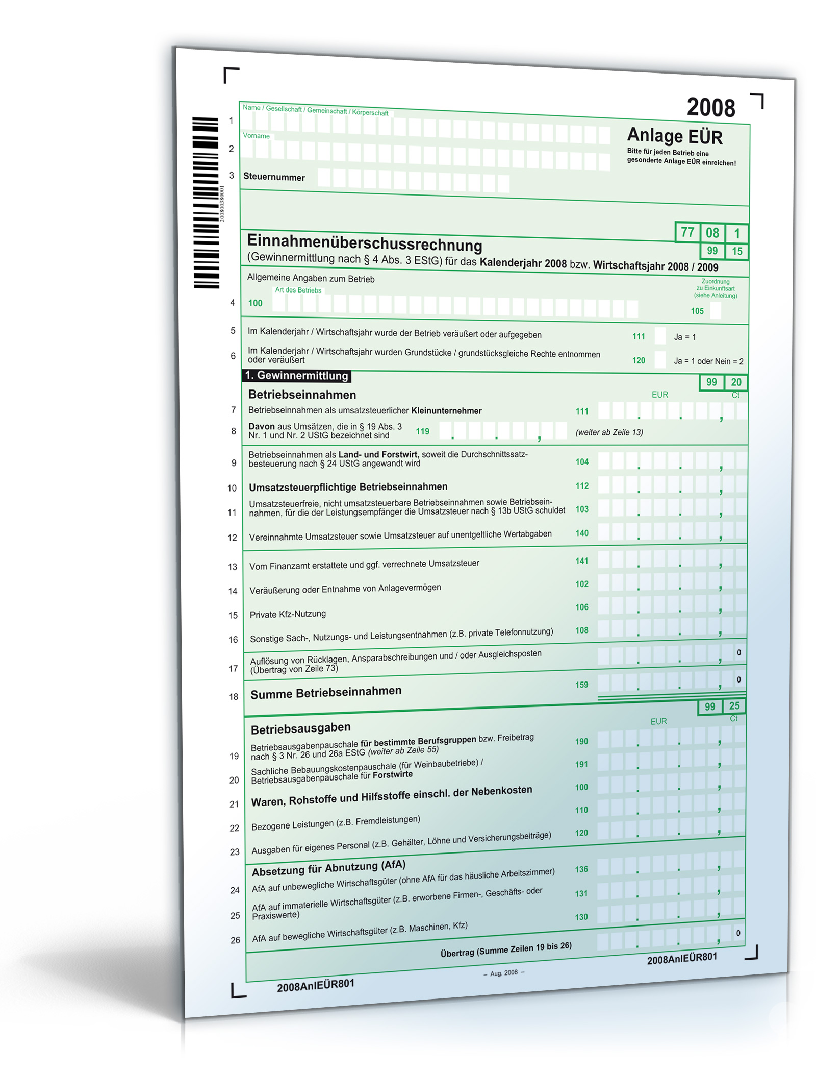 Anlage EÜR (Einnahmenüberschussrechnung) 2008 Dokument zum Download