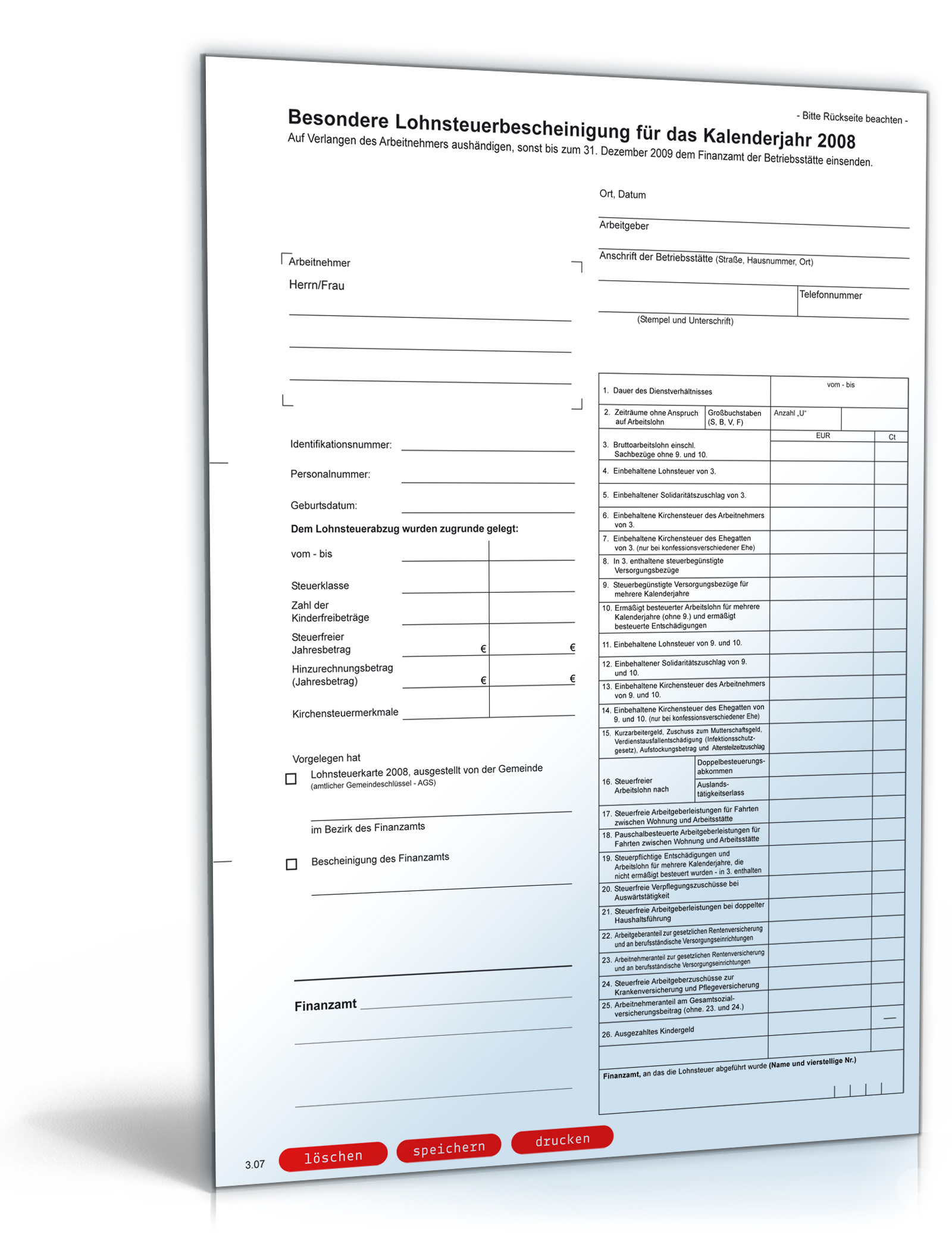 Besondere Lohnsteuerbescheinigung 2008 Dokument zum Download