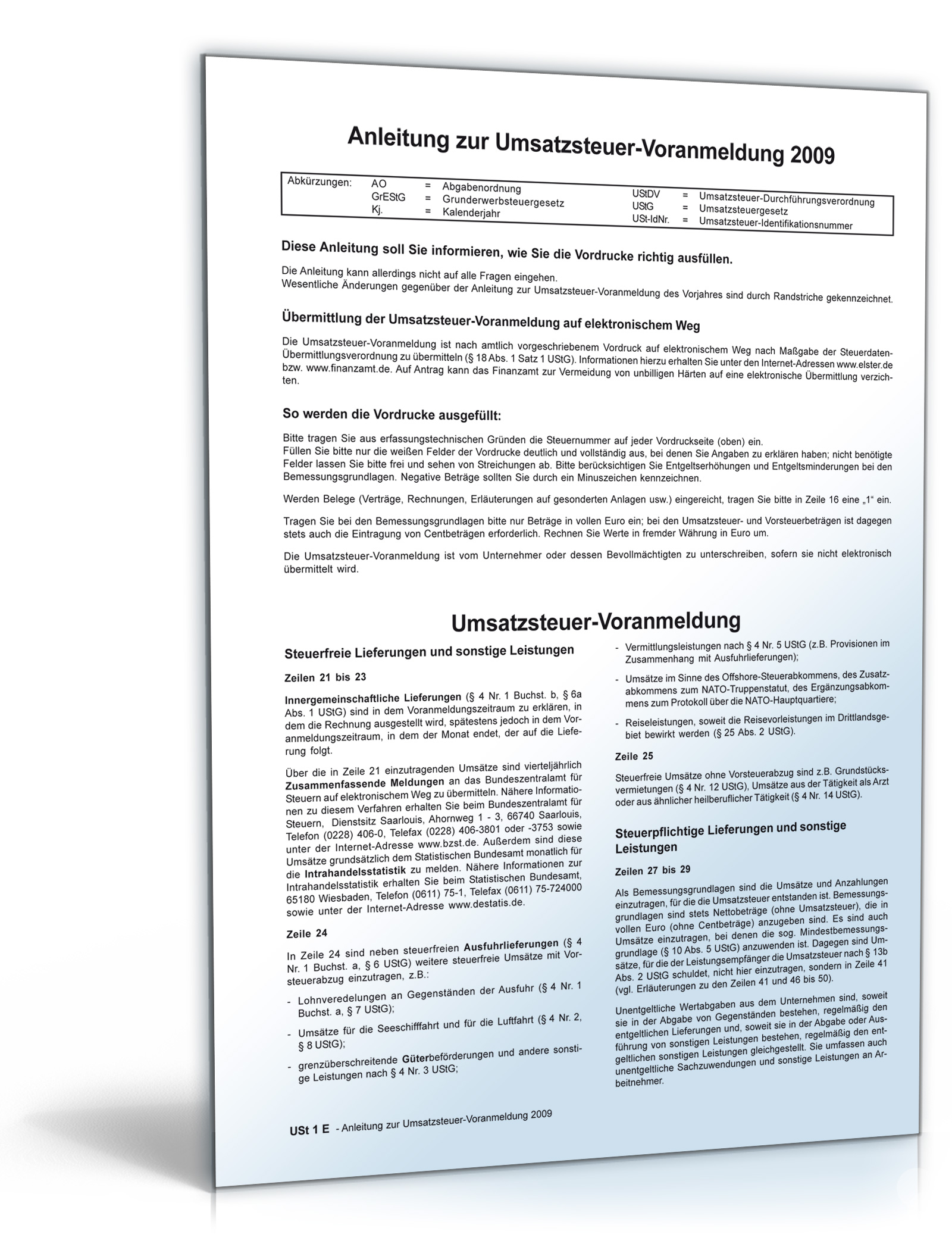 Anleitung zur Umsatzsteuervoranmeldung 2009 Dokument zum Download