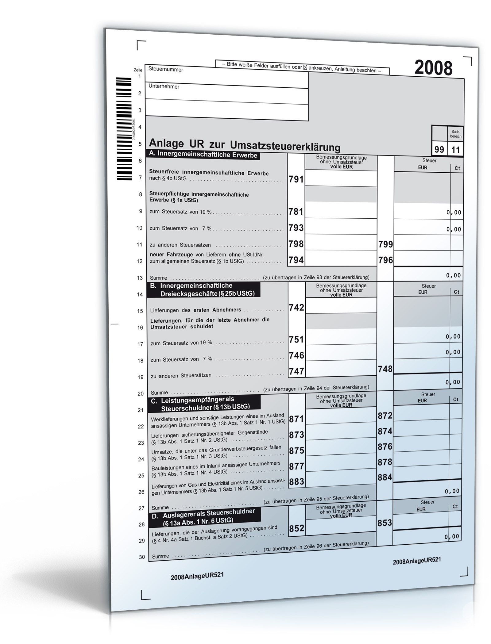 Anlage UR zur Umsatzsteuererklärung 2008 Dokument zum Download