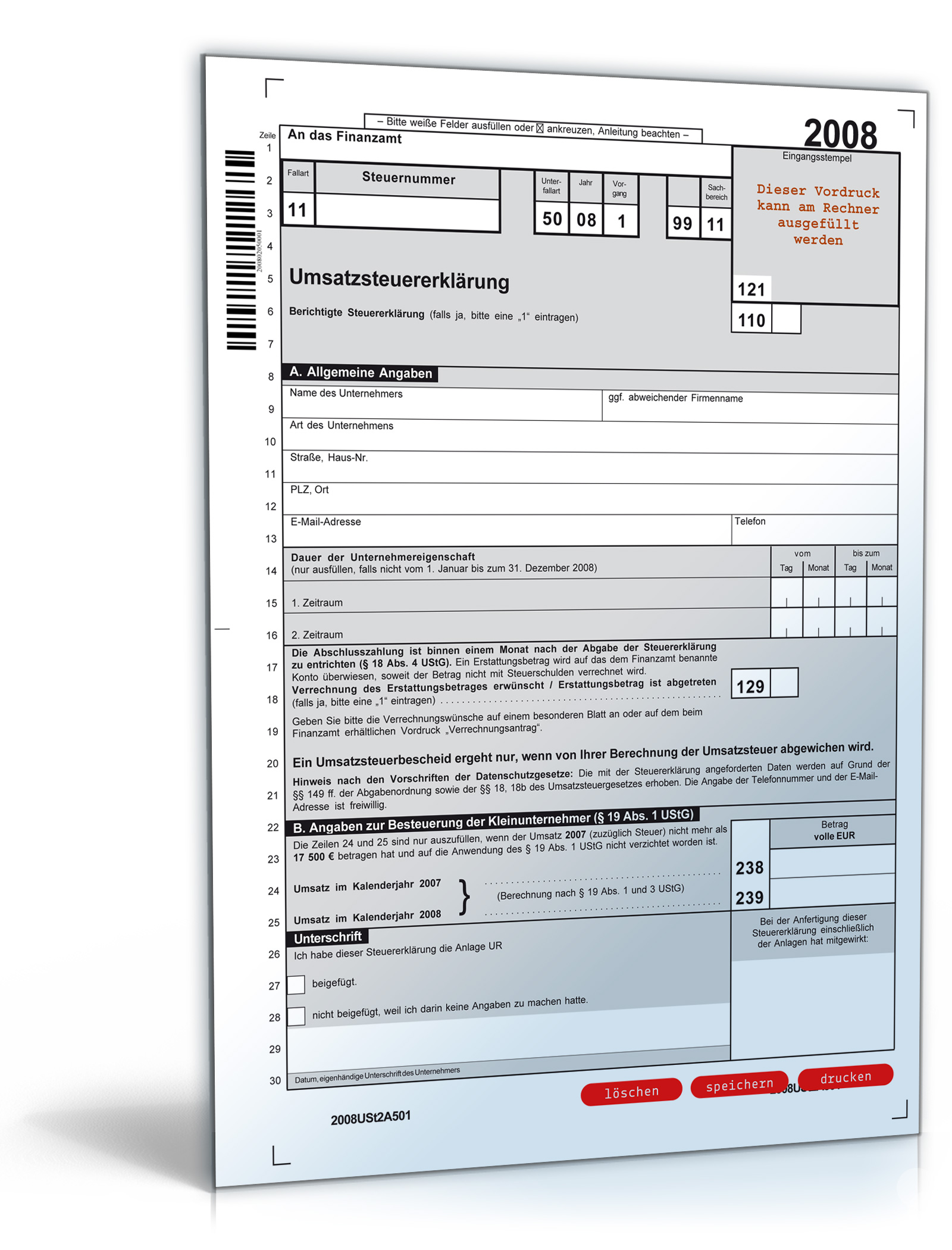 Umsatzsteuererklärung 2008 - Mantelbogen Dokument zum Download
