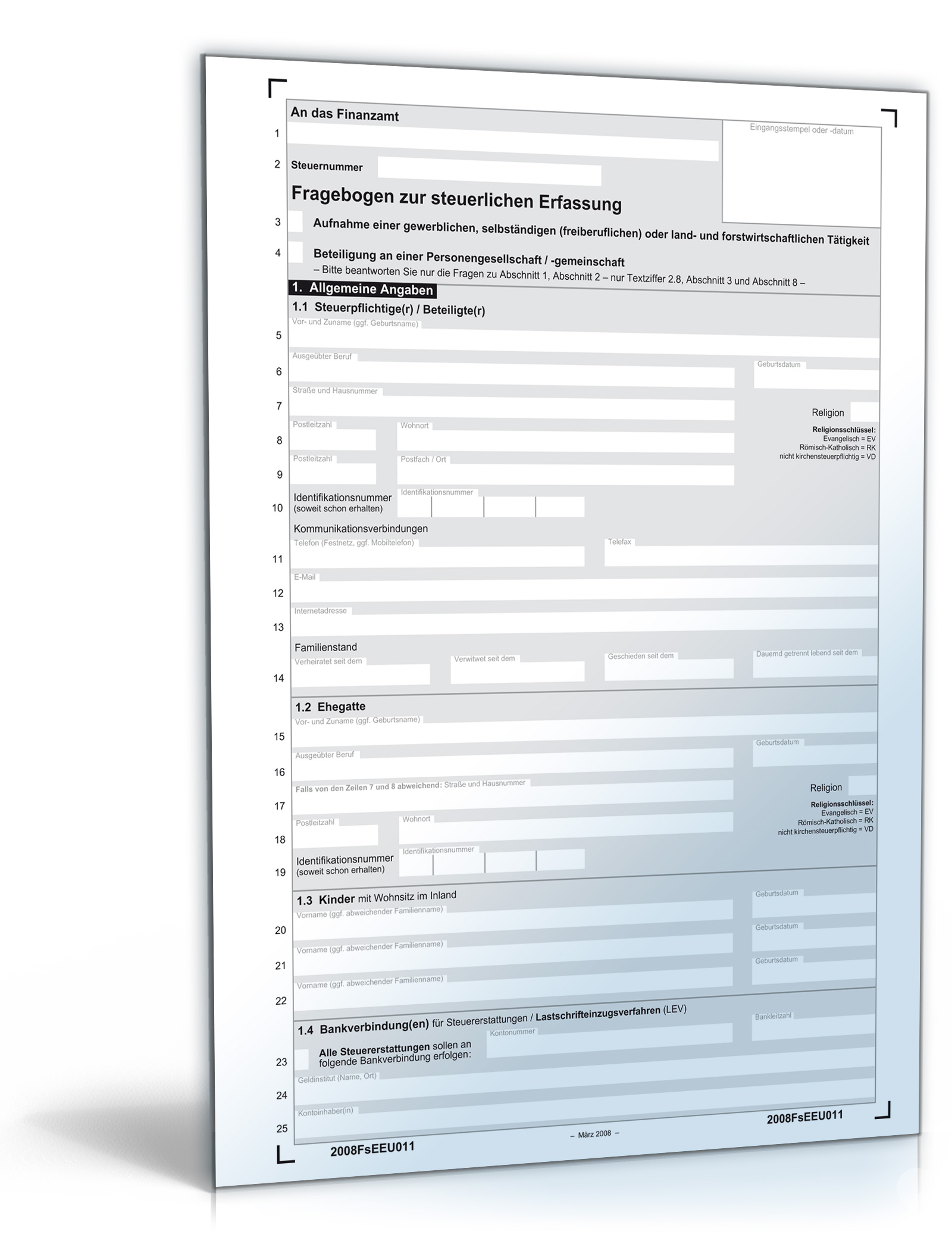 Fragebogen zur steuerlichen Erfassung 2008 Dokument zum Download