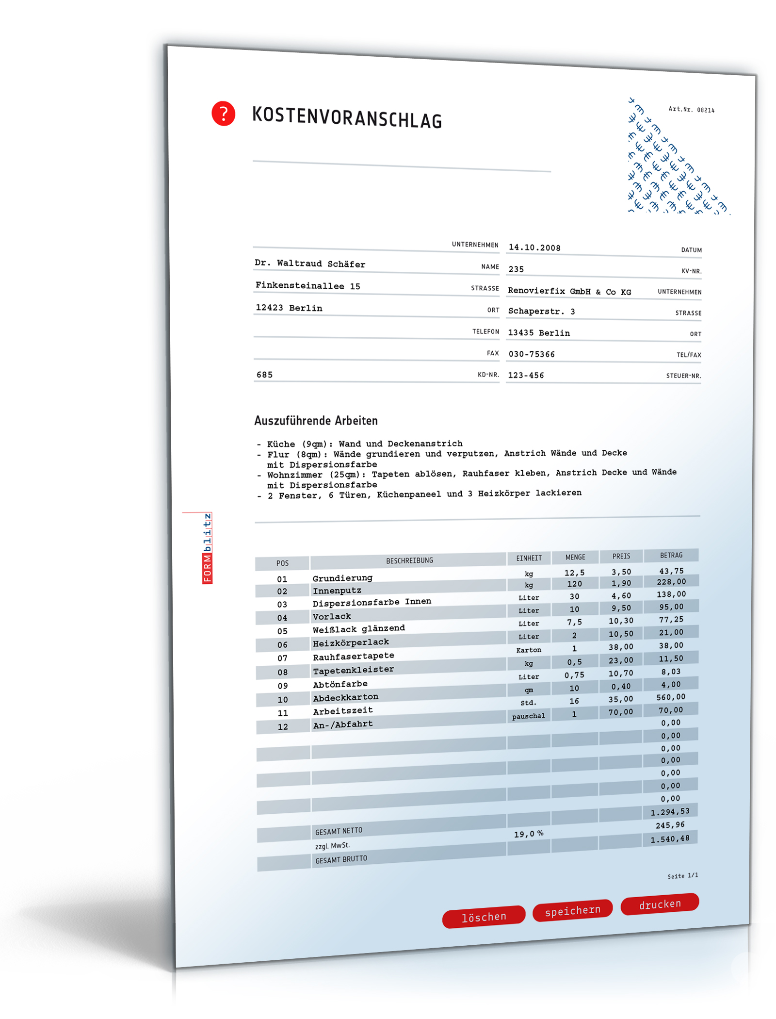 Kostenvoranschlag/Angebot Dokument zum Download