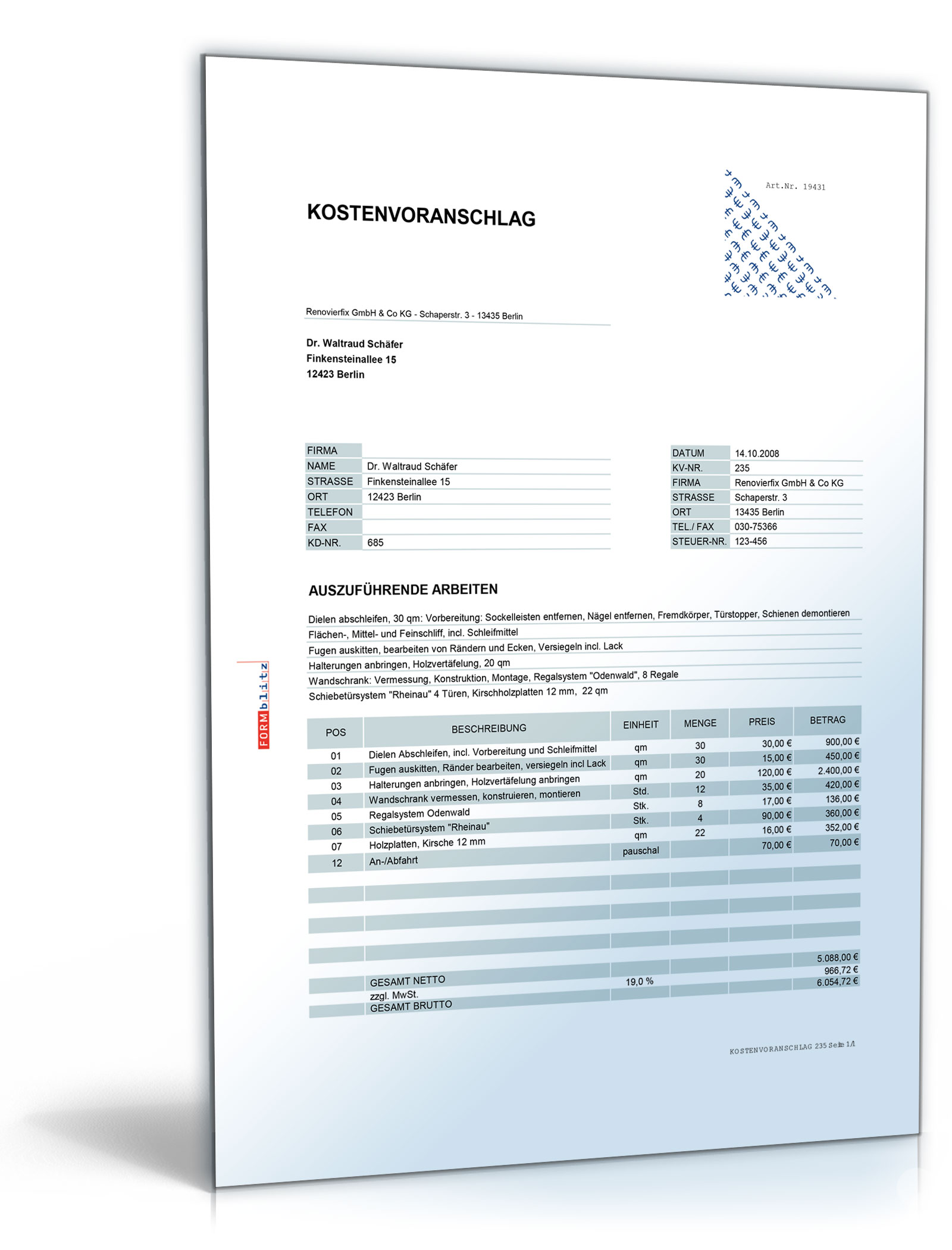 Kostenvoranschlag / Angebot für Tischler- und Holzarbeiten Dokument zum Download