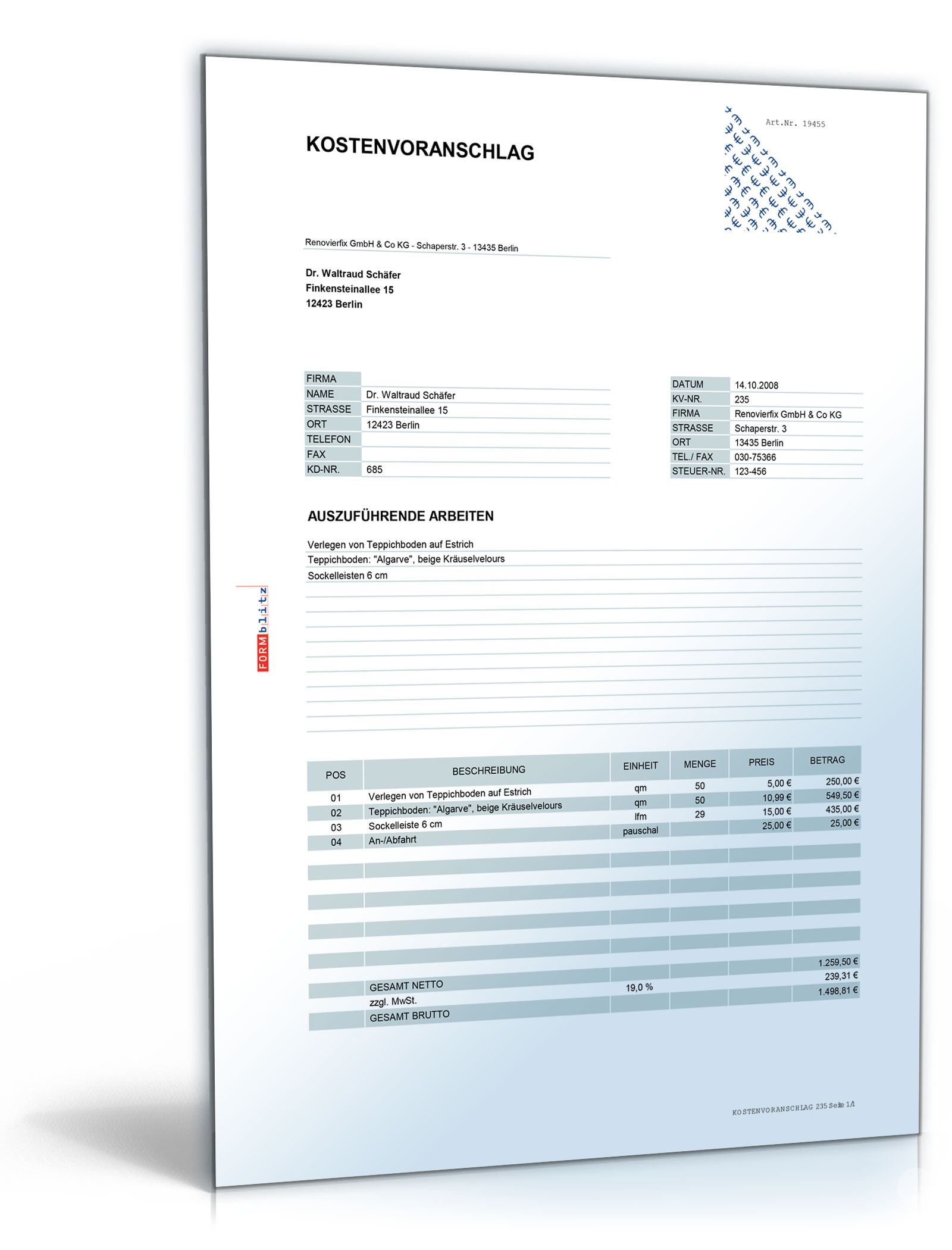 Kostenvoranschlag / Angebot für die Verlegung von Bodenbelägen Dokument zum Download