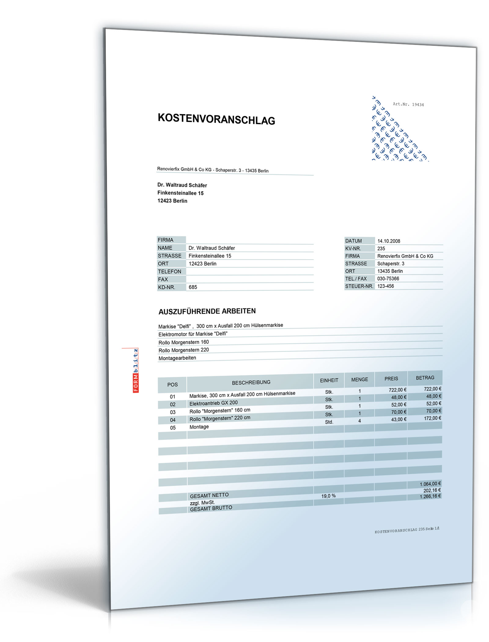 Kostenvoranschlag / Angebot Montage von Rollläden, Rollos und Markisen Dokument zum Download