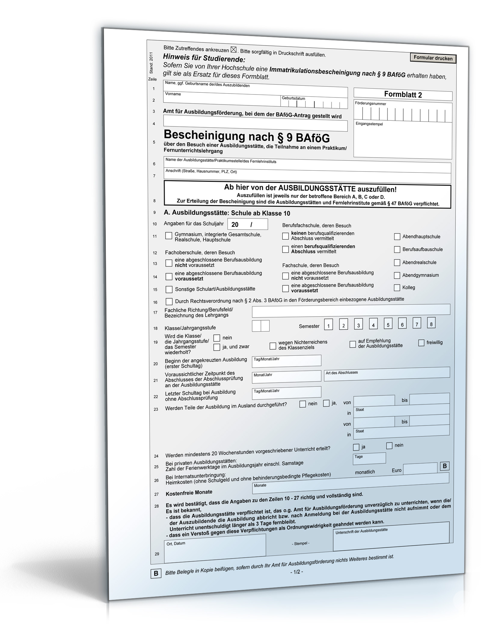 Bescheinigung nach § 9 BAföG Dokument zum Download