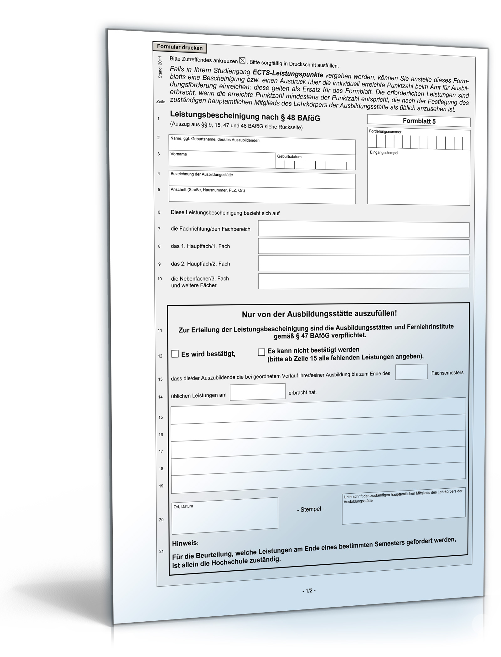 Leistungsbescheinigung zum Antrag auf Ausbildungsförderung Dokument zum Download