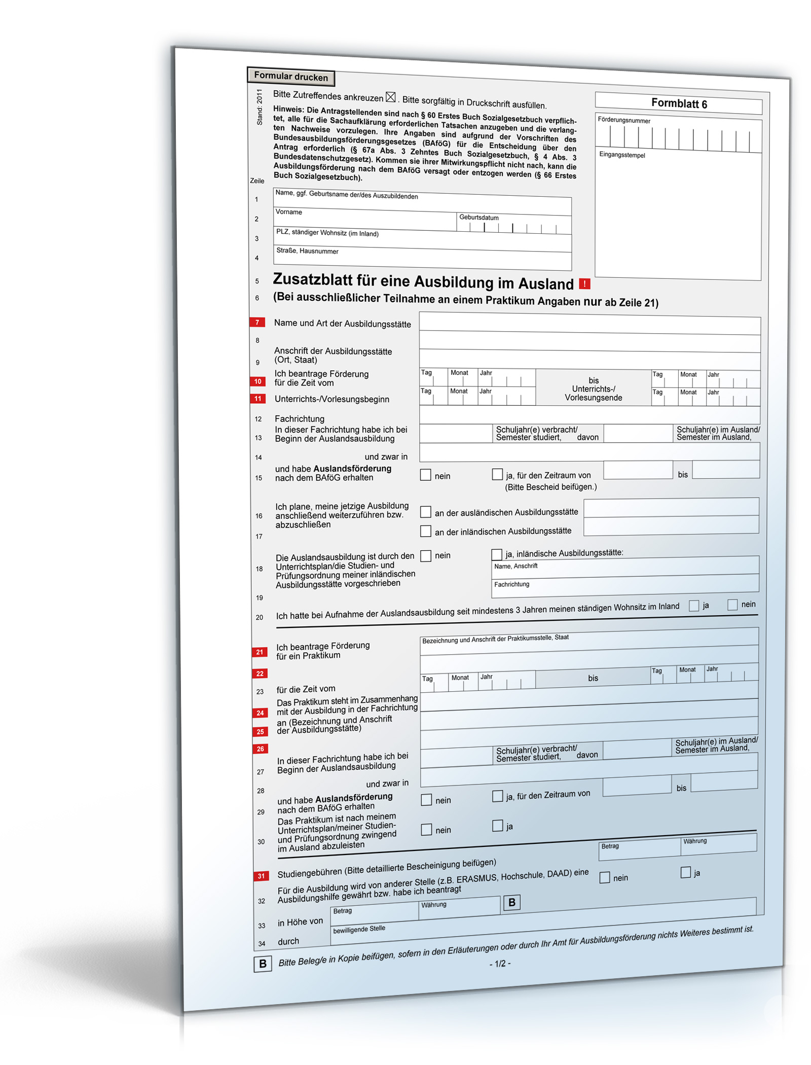 Zusatz zum Antrag auf Ausbildungsförderung Dokument zum Download