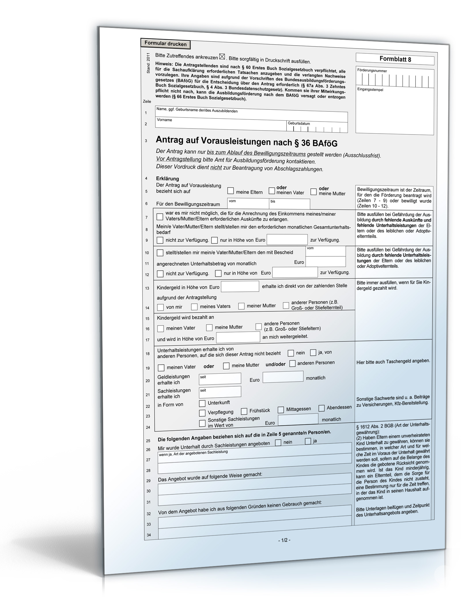 Antrag auf Vorausleistungen nach § 36 Bundesausbildungsförderungsgesetz (BAföG) Dokument zum Download