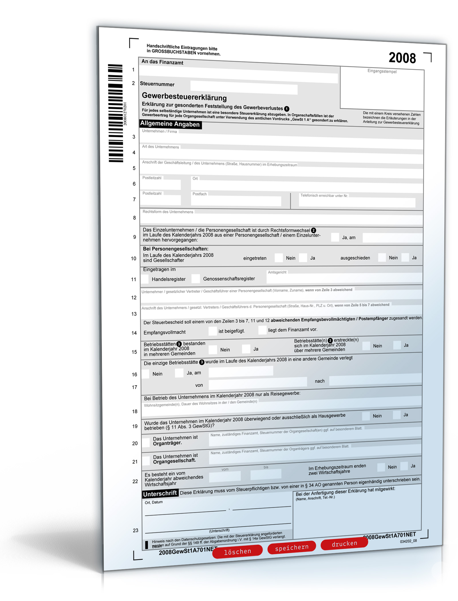 Gewerbesteuererklärung 2008 Dokument zum Download