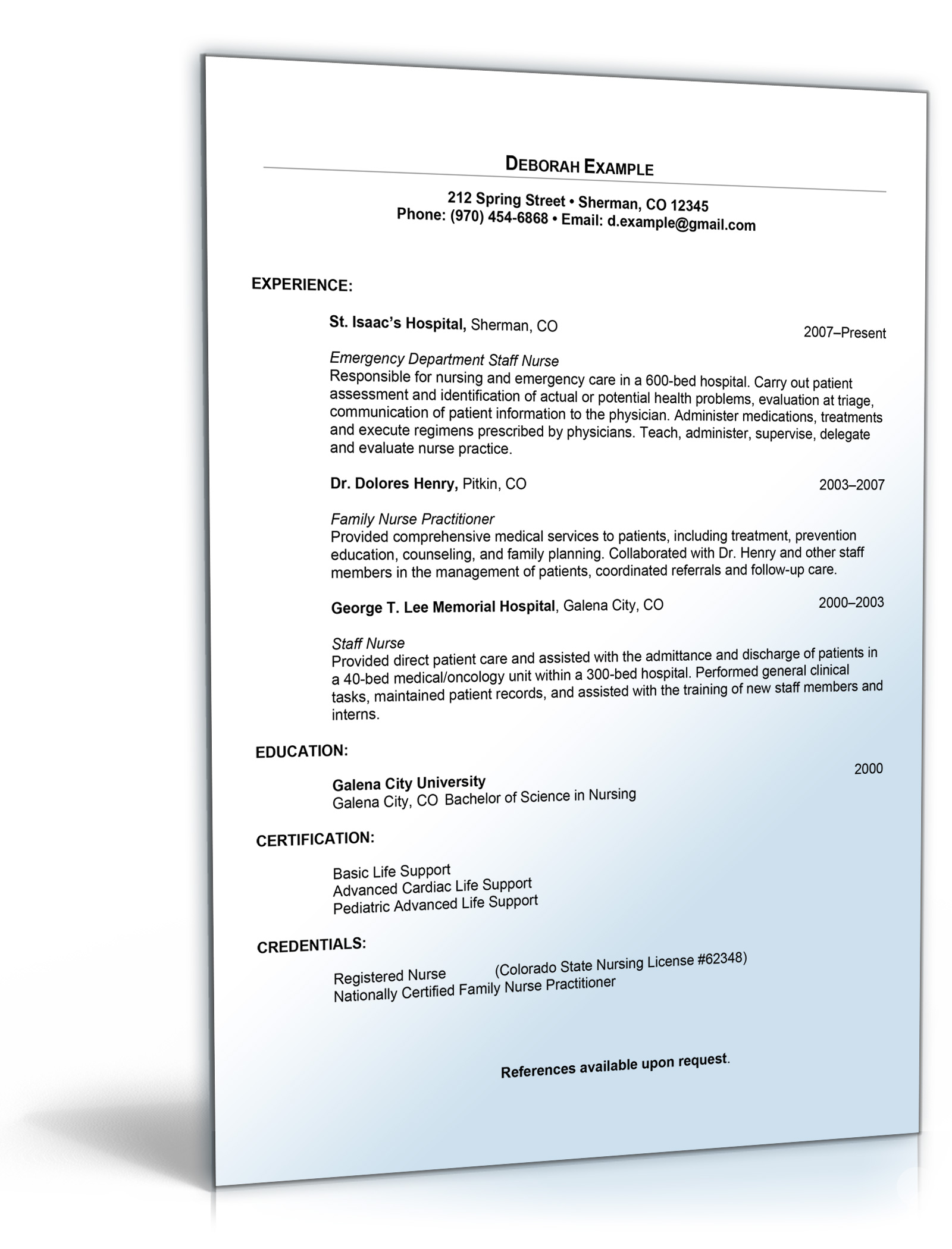 Sample Resume for Nursing Position Dokument zum Download