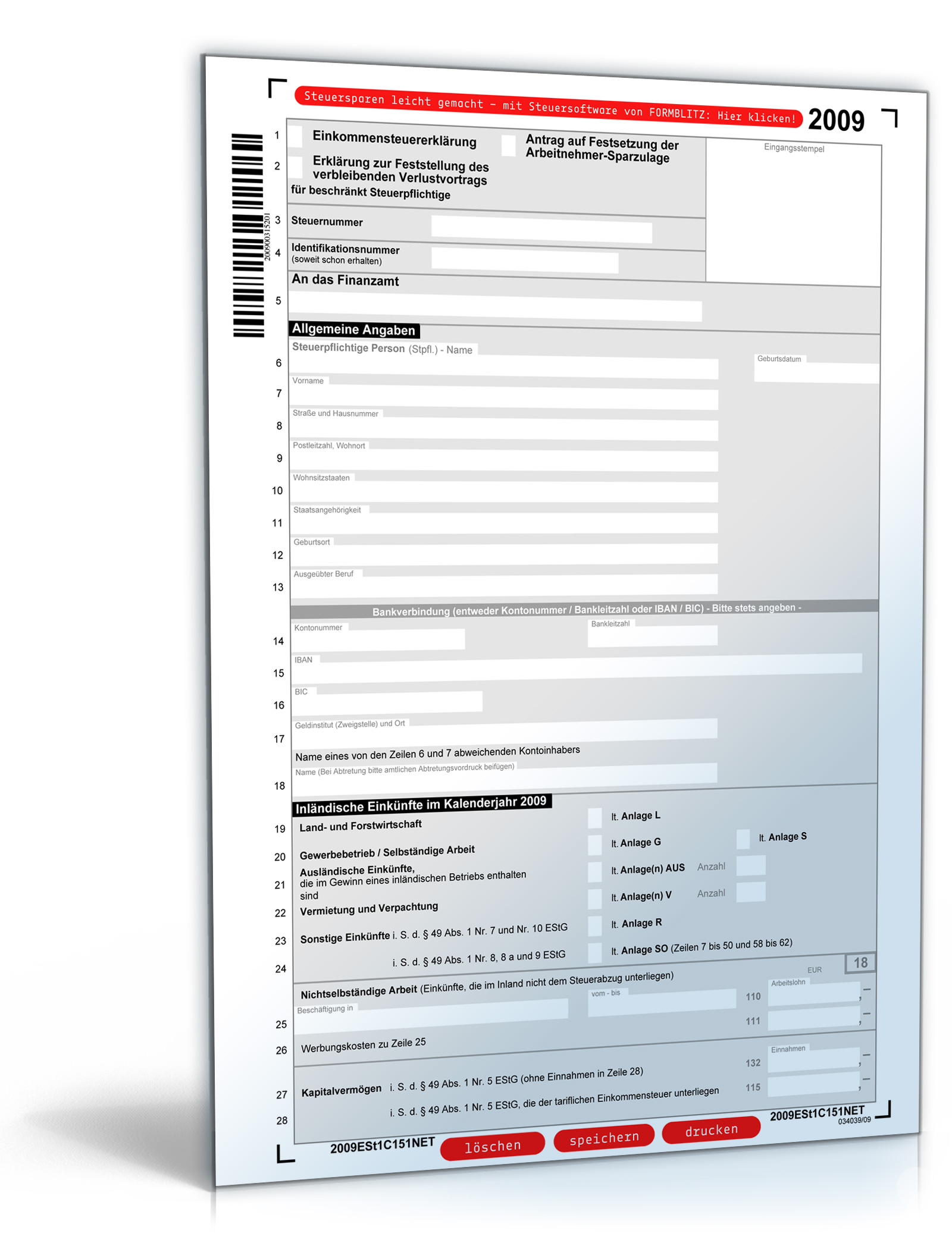 Einkommensteuererklärung für beschränkt Steuerpflichtige (Mantelbogen) 2009 Dokument zum Download