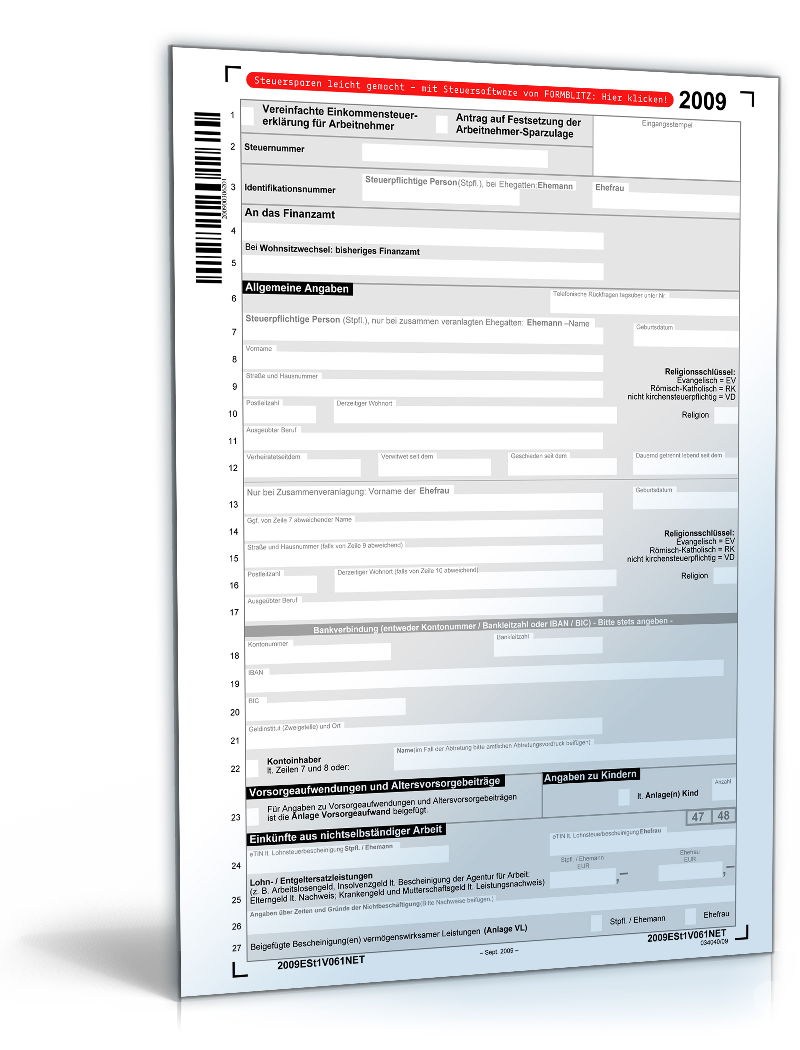 Vereinfachte Einkommensteuererklärung für Arbeitnehmer (Mantelbogen) 2009 Dokument zum Download