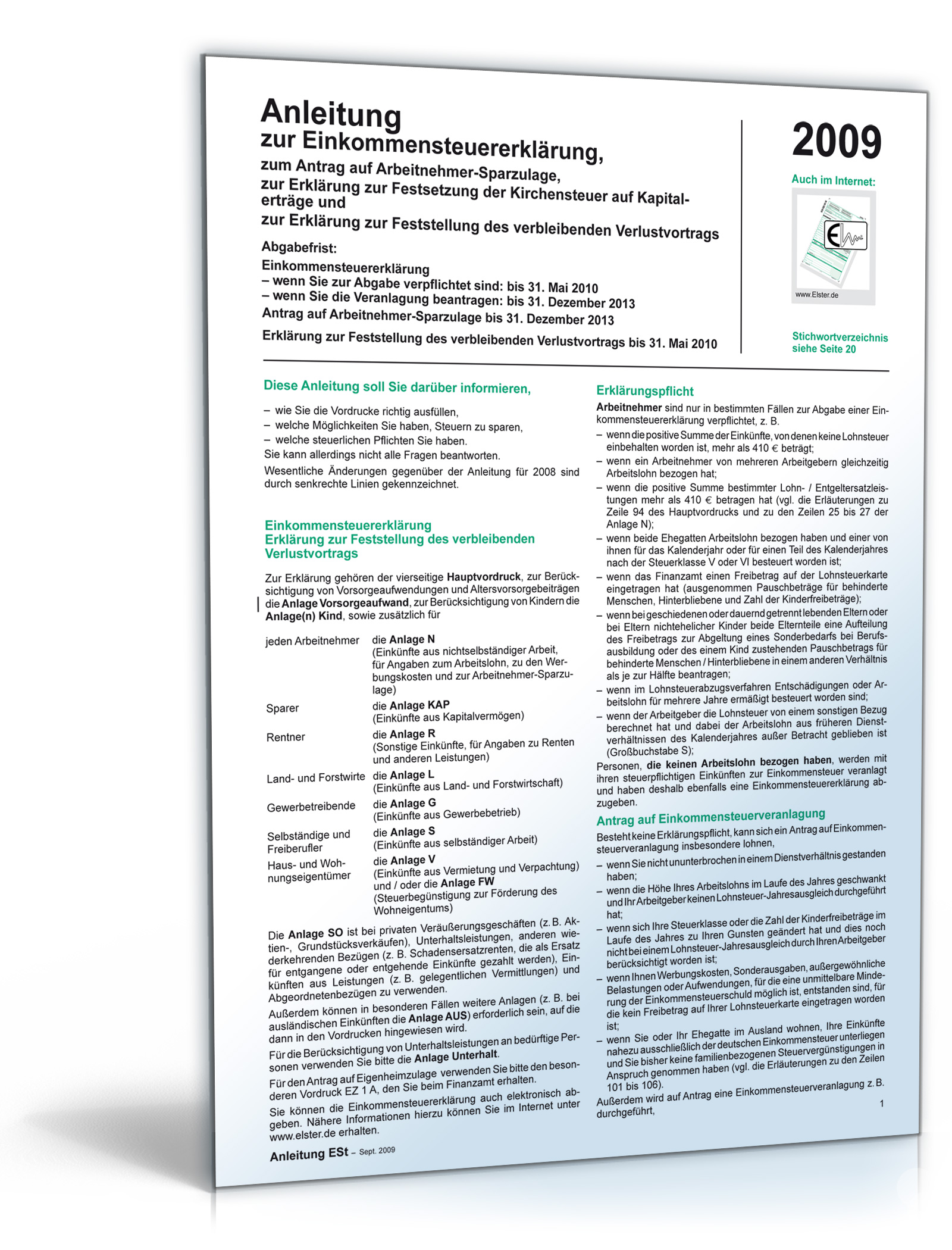 Anleitung zur Einkommensteuererklärung (Mantelbogen) 2009 Dokument zum Download