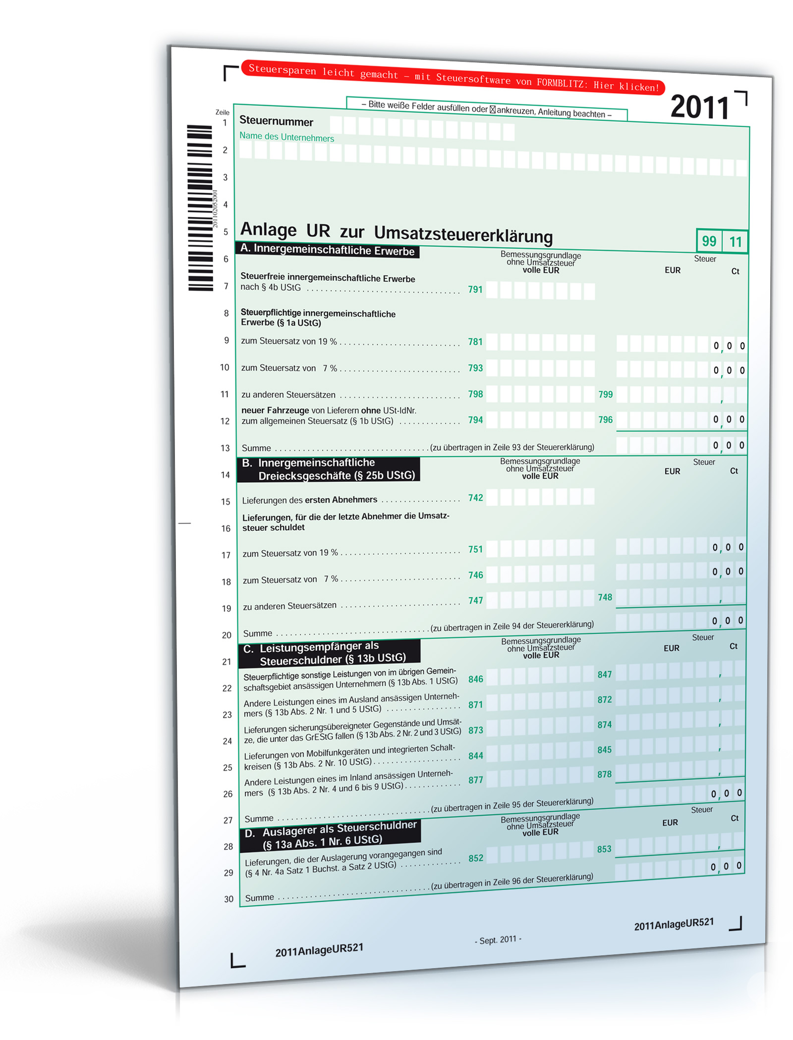 Anlagen zur Umsatzsteuererklärung 2011 Dokument zum Download