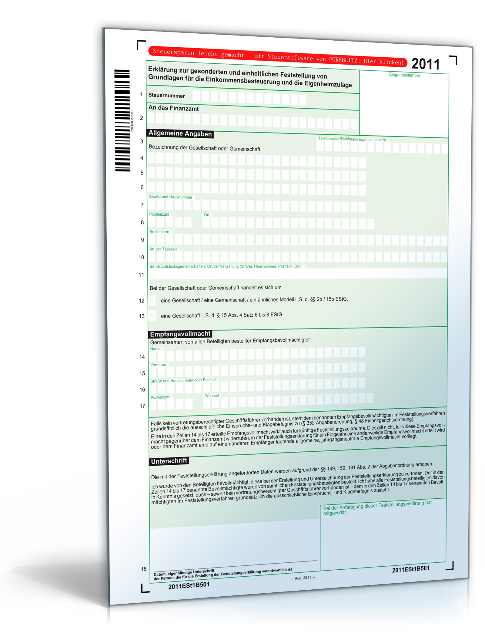 Erklärung zur gesonderten und einheitlichen Feststellung von Grundlagen Dokument zum Download