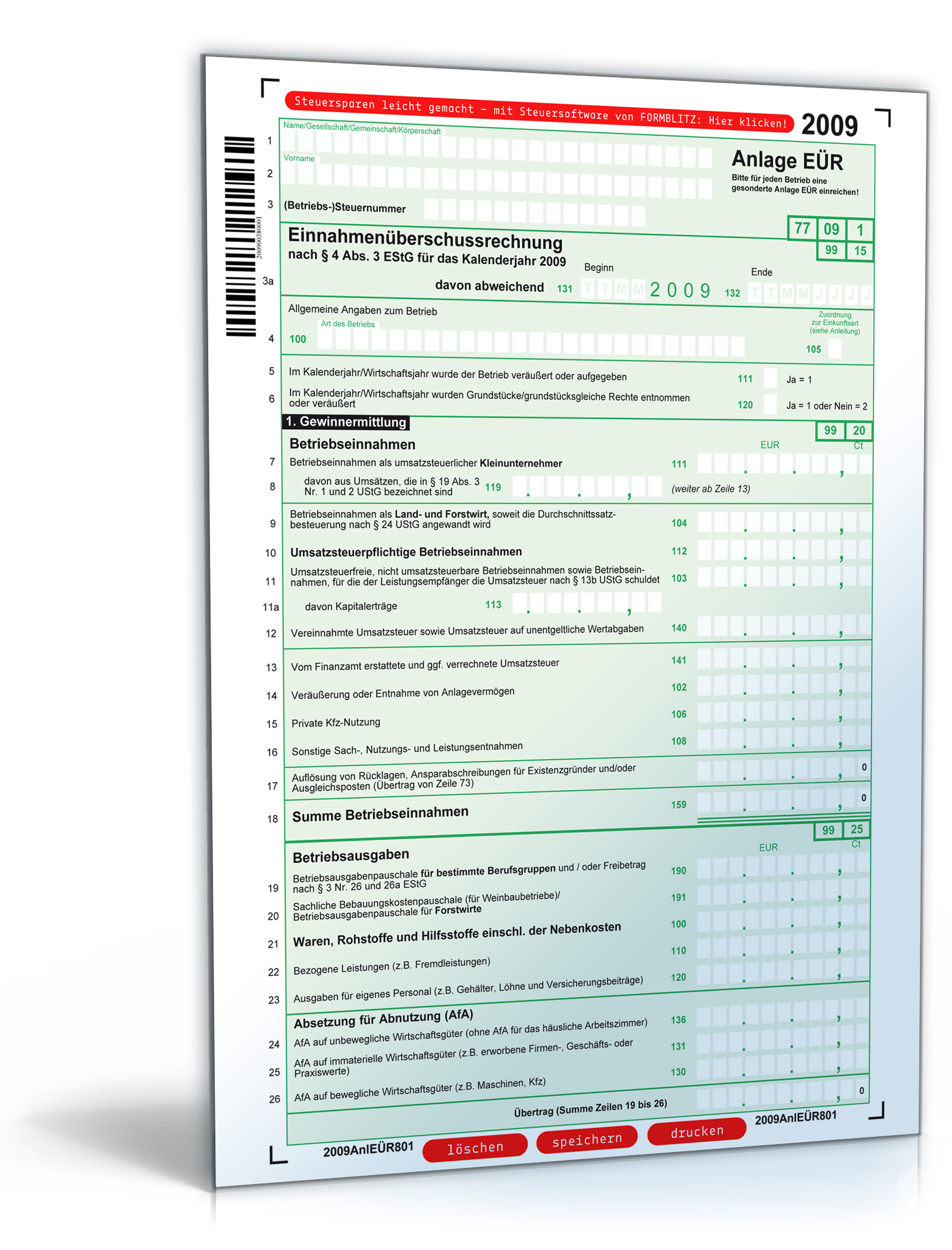 Anlage EÜR (Einnahmenüberschussrechnung) 2009 Dokument zum Download