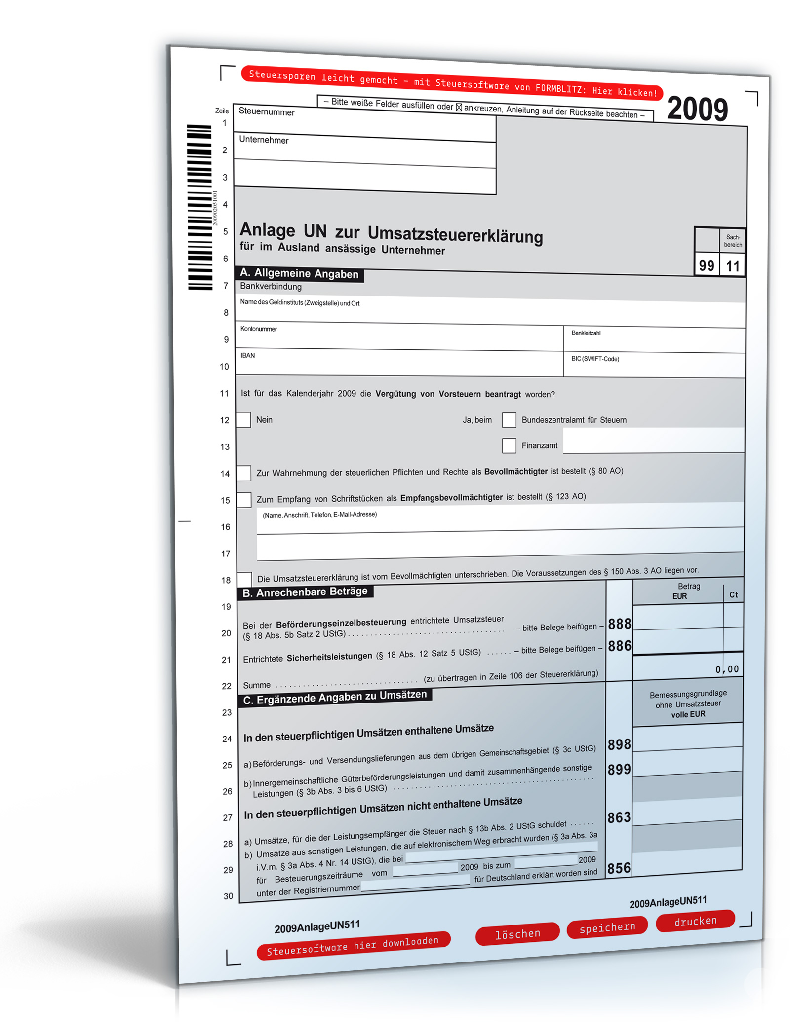 Anlage UN zur Umsatzsteuererklärung 2009 Dokument zum Download