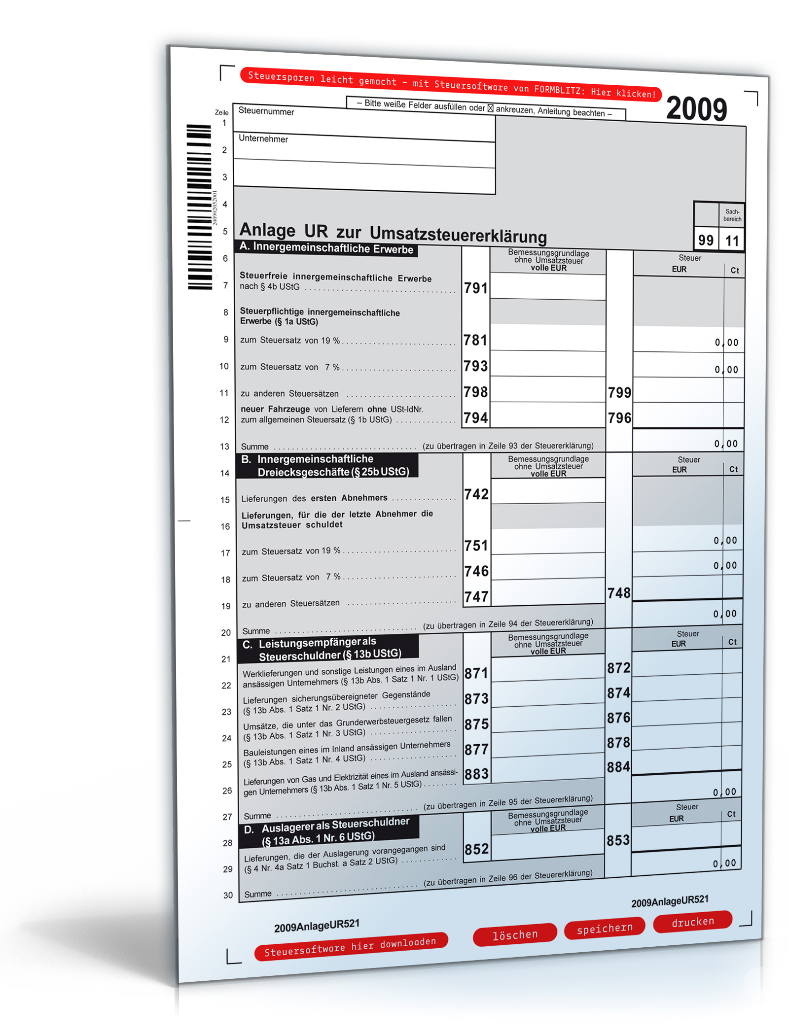 Anlage UR zur Umsatzsteuererklärung 2009 Dokument zum Download