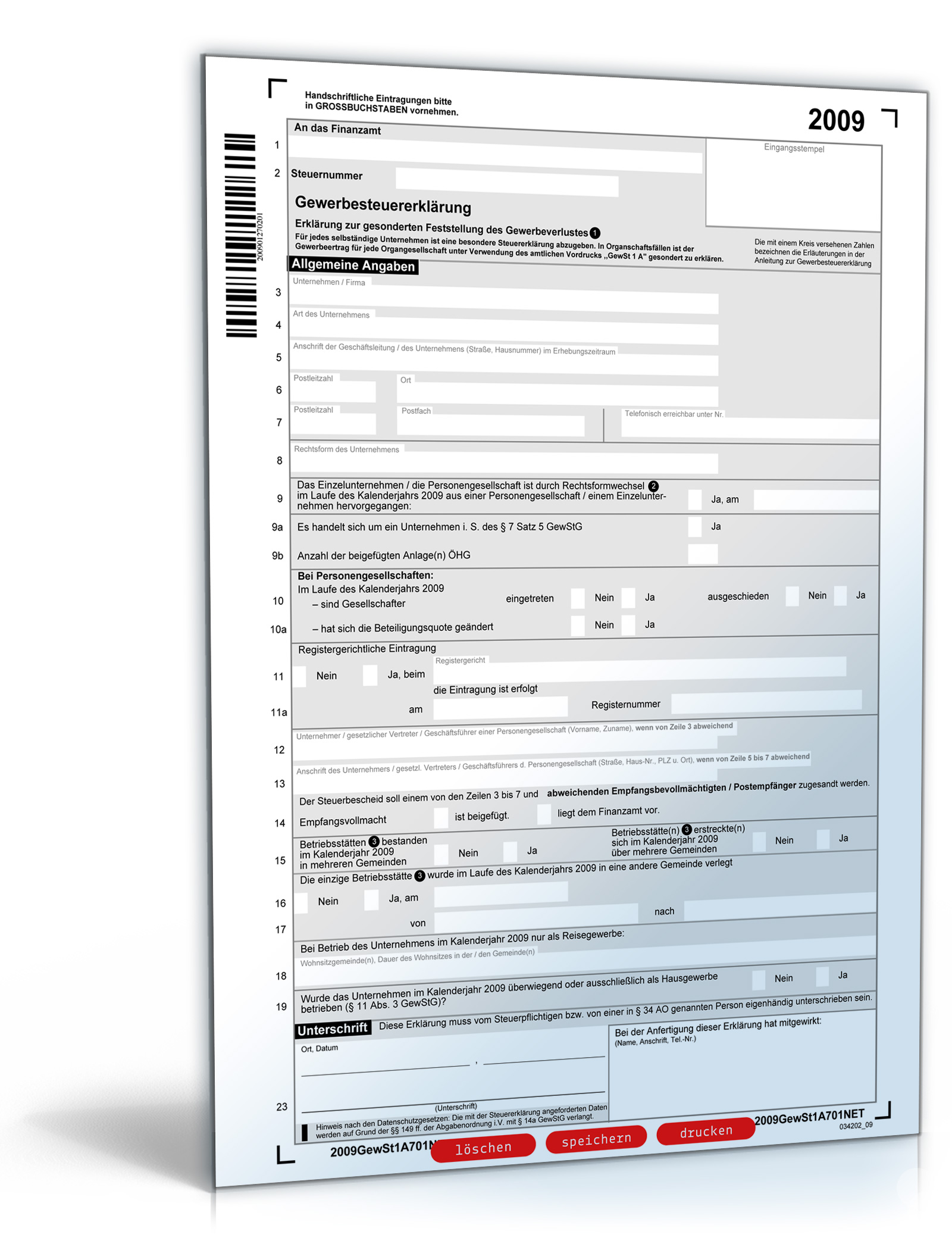 Gewerbesteuererklärung 2009 Dokument zum Download