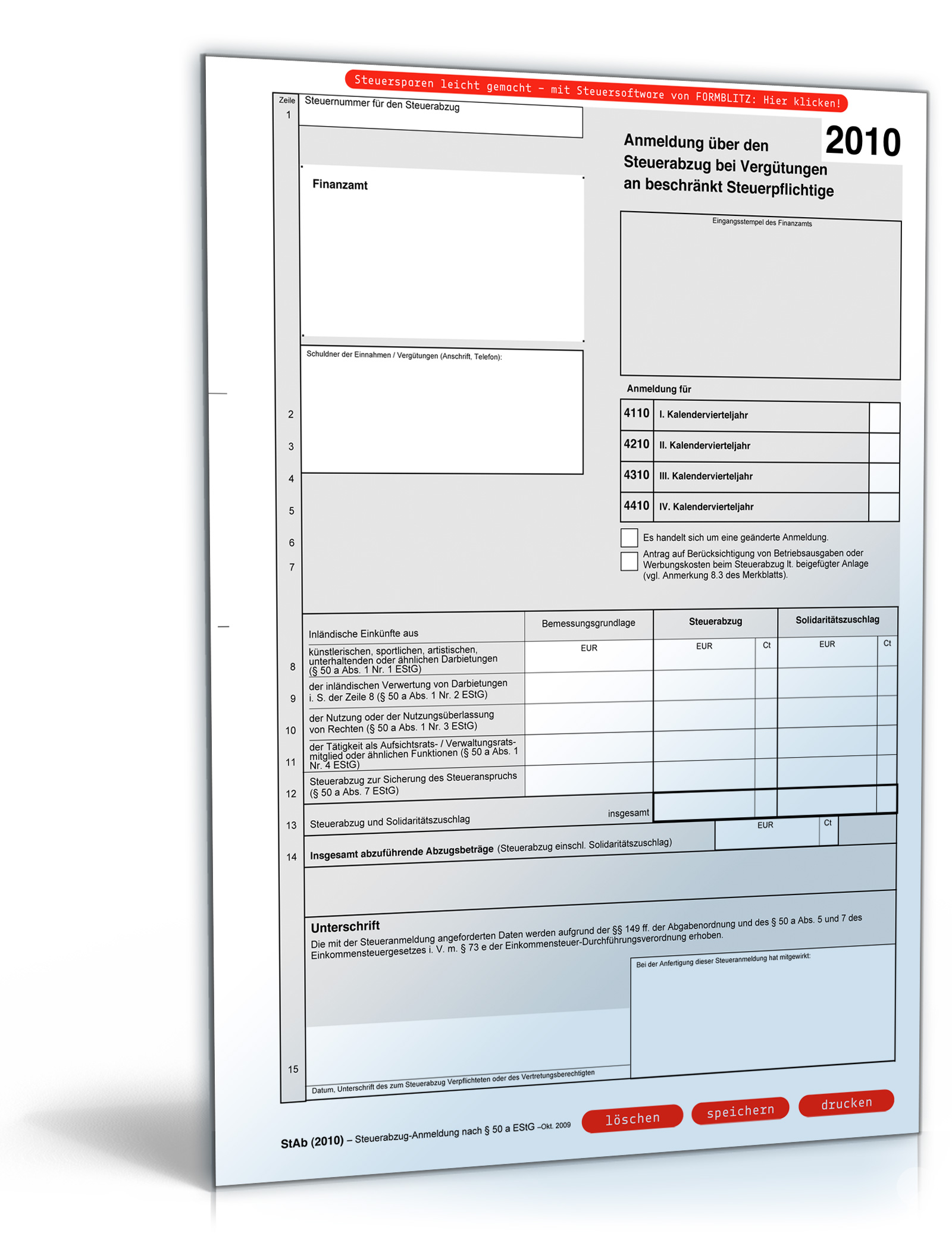 Anmeldung über den Steuerabzug bei Vergütungen (2010) Dokument zum Download