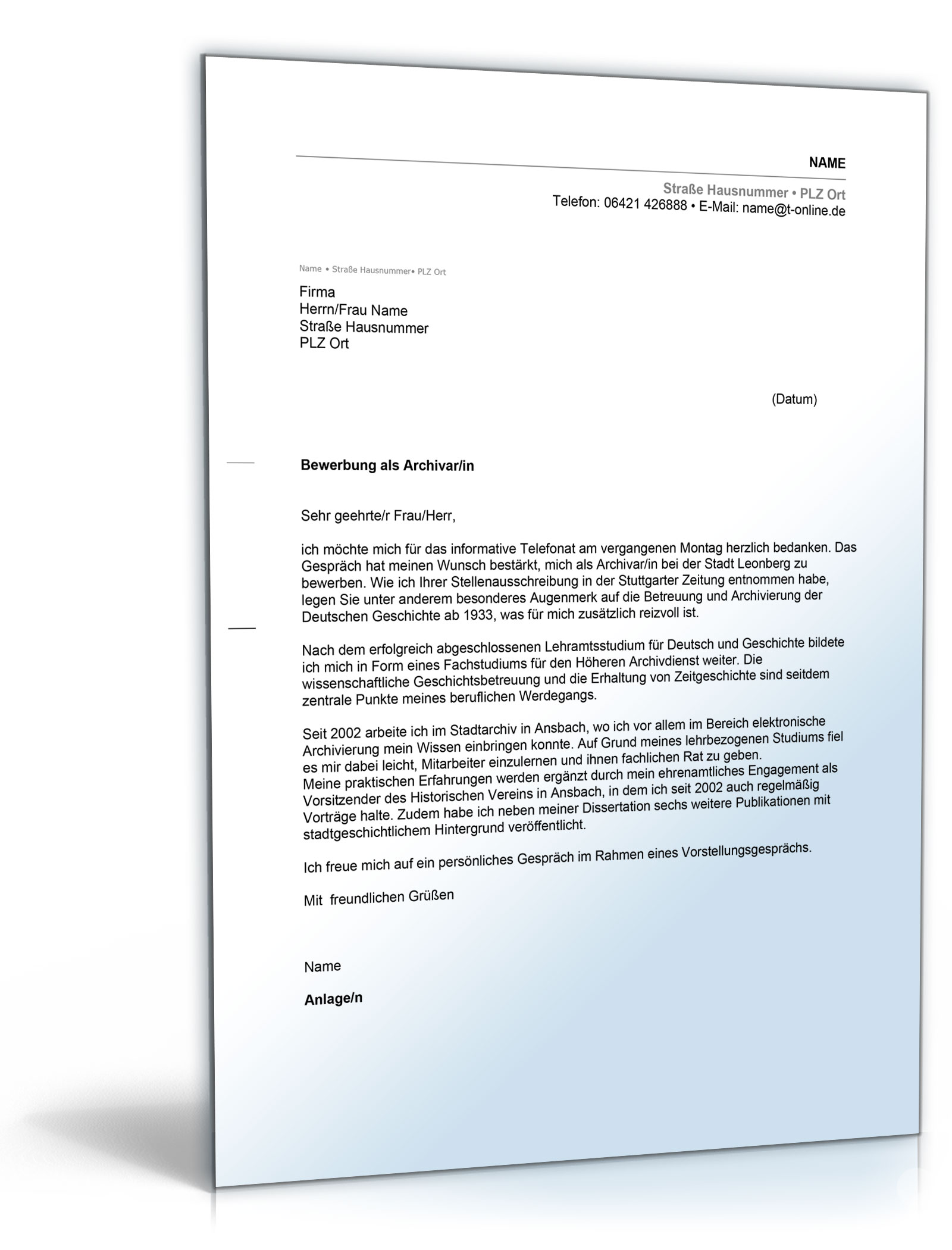 Anschreiben Bewerbung (Archivar) Dokument zum Download