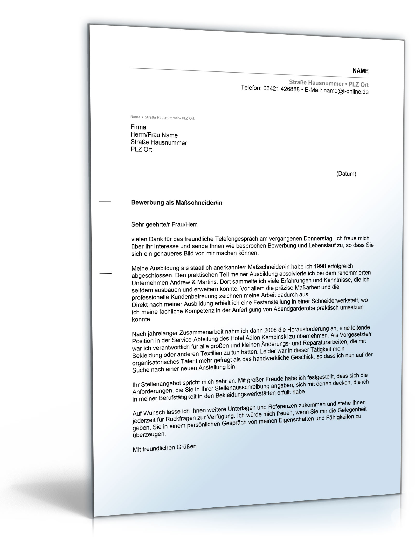 Anschreiben Bewerbung (Schneider/Schneiderin) Dokument zum Download