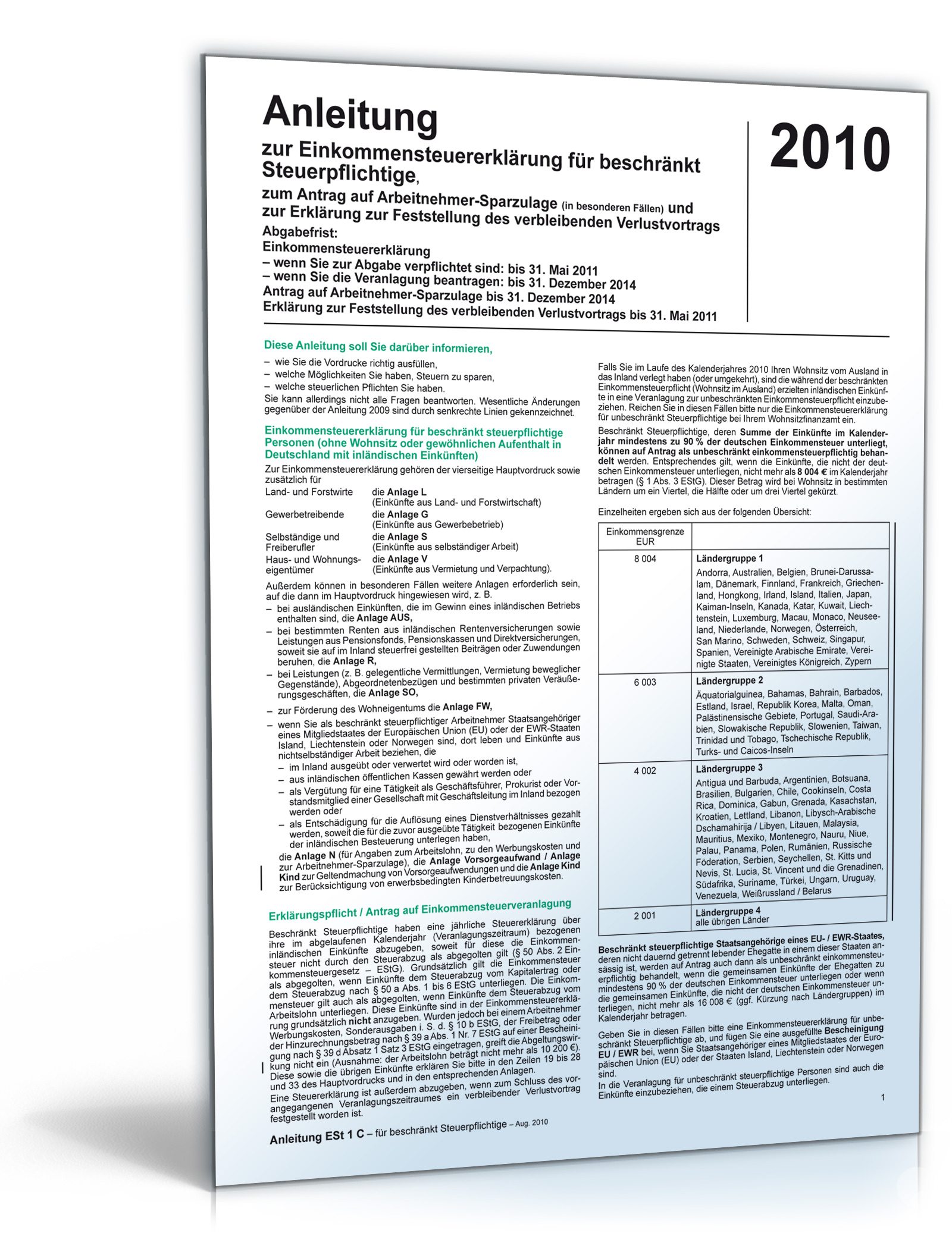 Anleitung Einkommensteuererklärung für beschränkt Steuerpflichtige (Mantelbogen) 2010 Dokument zum Download