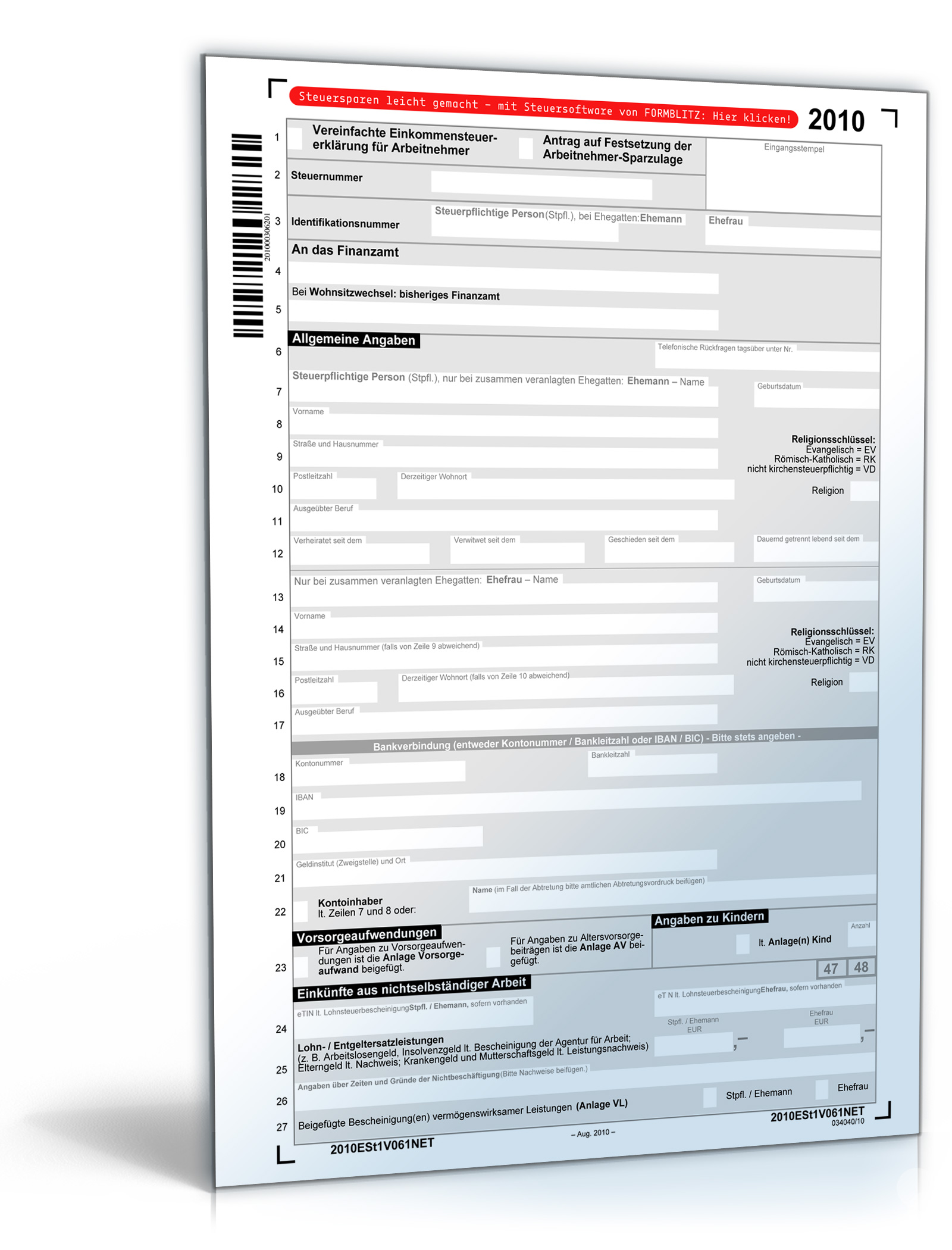 Vereinfachte Einkommensteuererklärung für Arbeitnehmer (Mantelbogen) 2010 Dokument zum Download