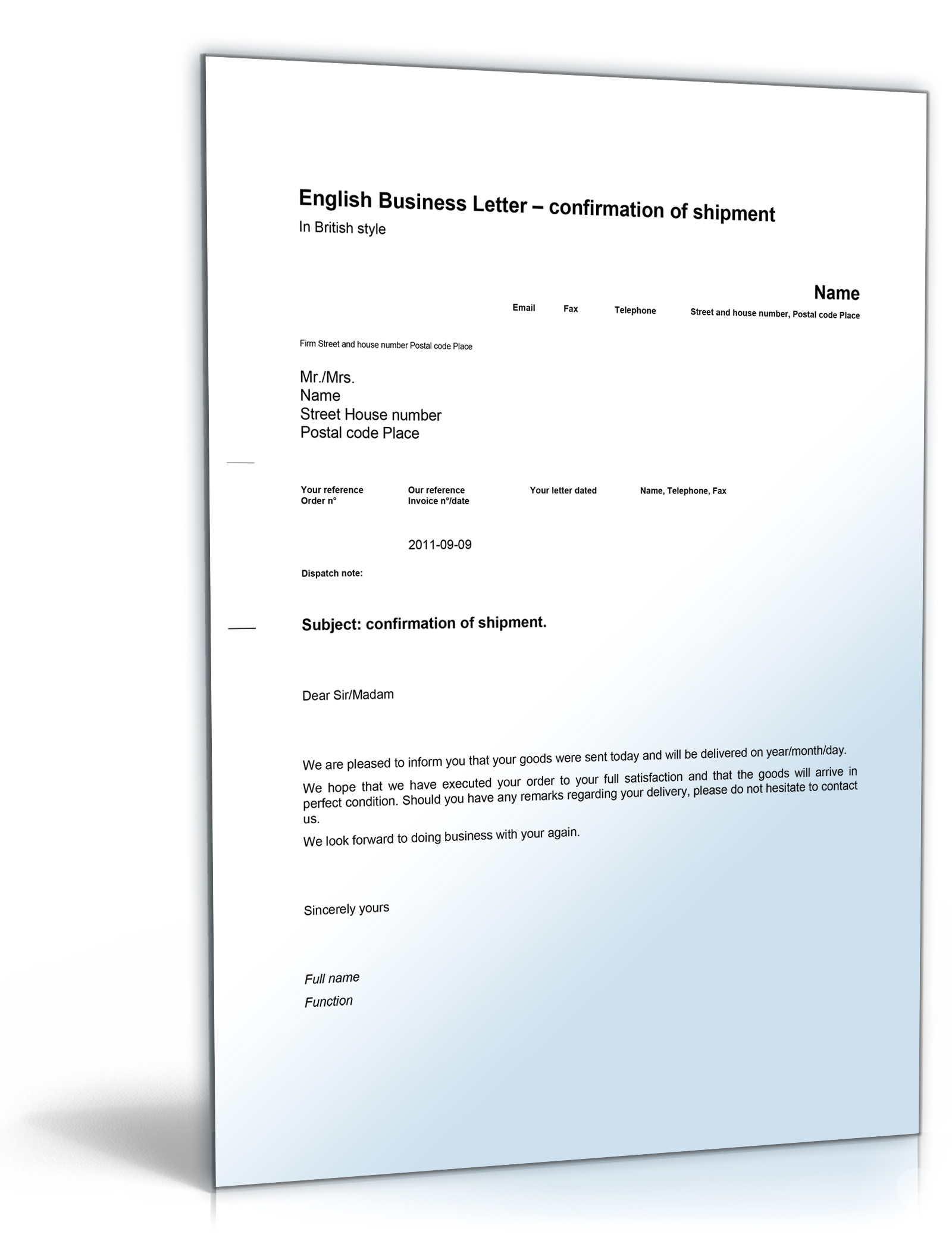 Geschäftsbrief Versandbestätigung (Shipment confirmation) Dokument zum Download