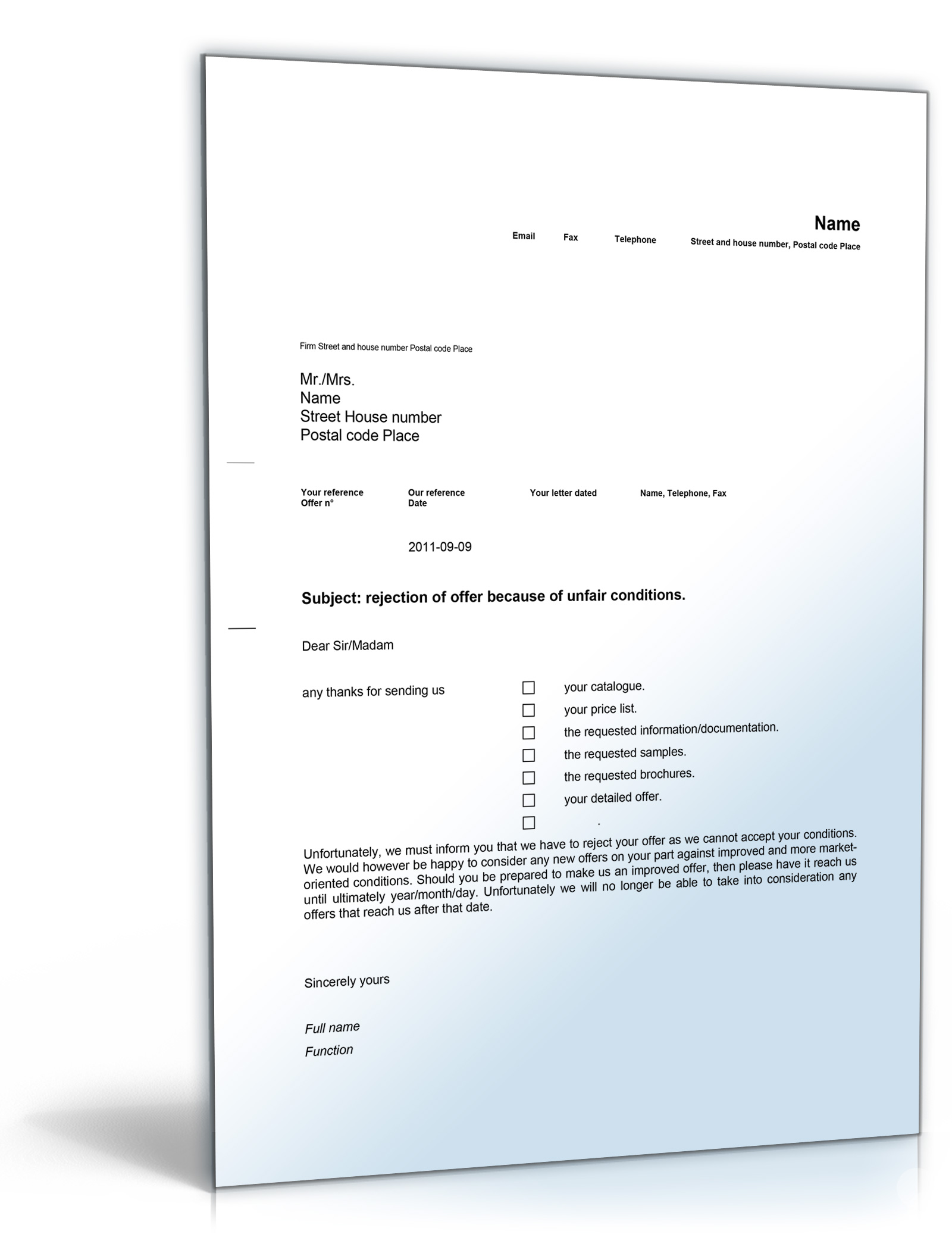 Geschäftsbrief Ablehnung Angebot (Englisch) Dokument zum Download