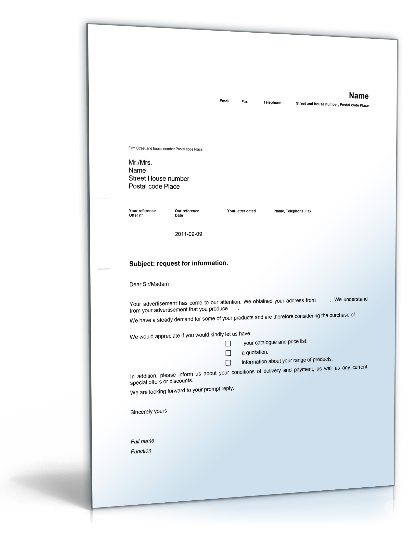 Geschäftsbrief Anfrage nach weiteren Informationen (Englisch) Dokument zum Download