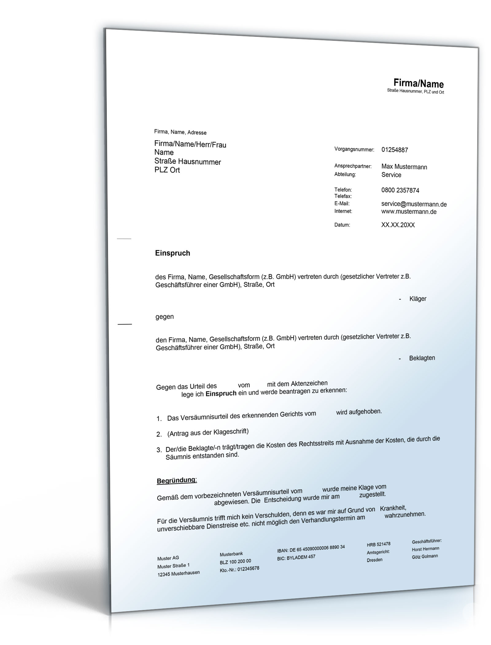 Einspruch bei Versäumnisurteil (Kläger) Dokument zum Download