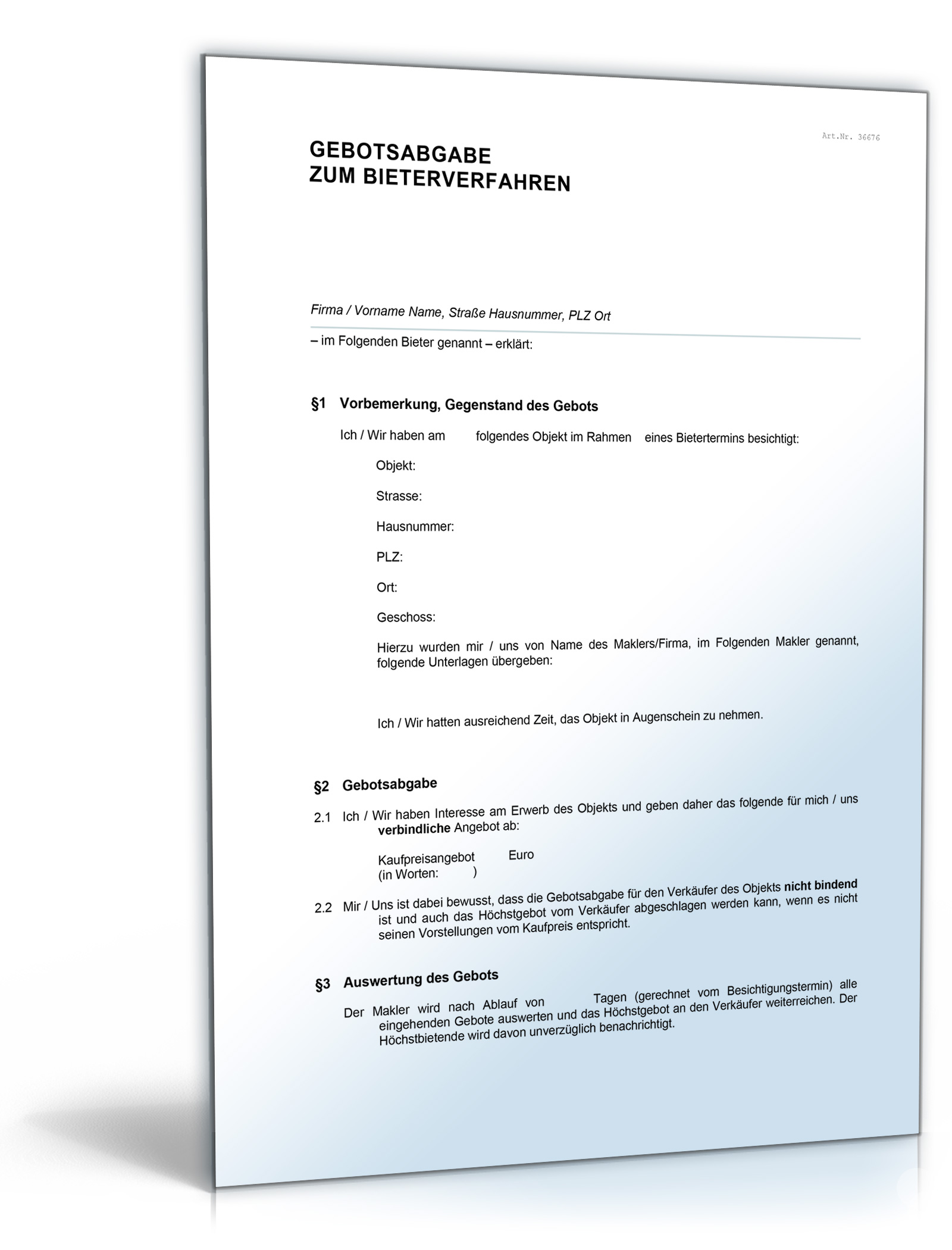 Gebotsabgabe im Bieterverfahren im Immobilienbereich Dokument zum Download