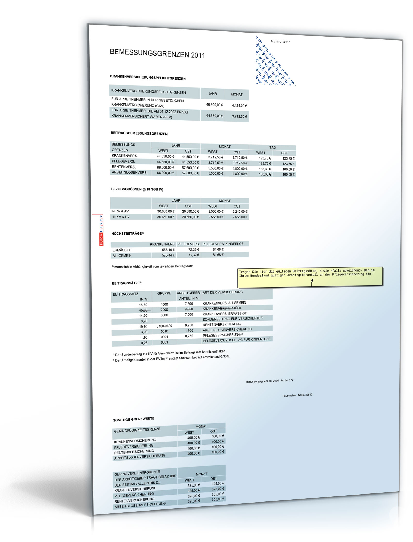 FORMBLITZ-Tabelle 2010/2011 - Sammlung diverser Pauschalsätze Dokument zum Download