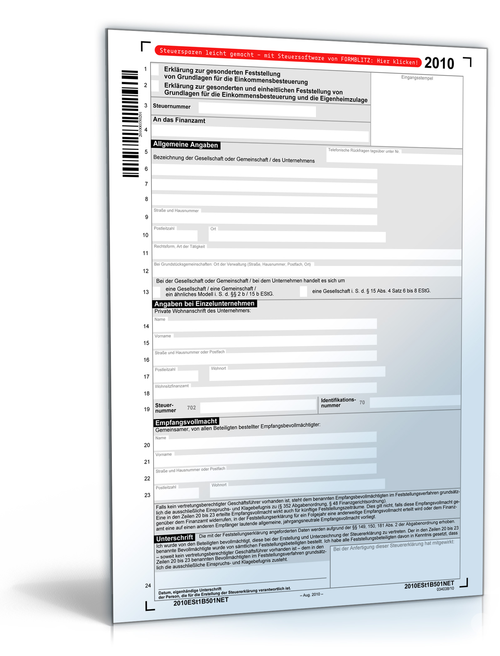 Erklärung zur gesonderten und einheitlichen Feststellung von Grundlagen Dokument zum Download