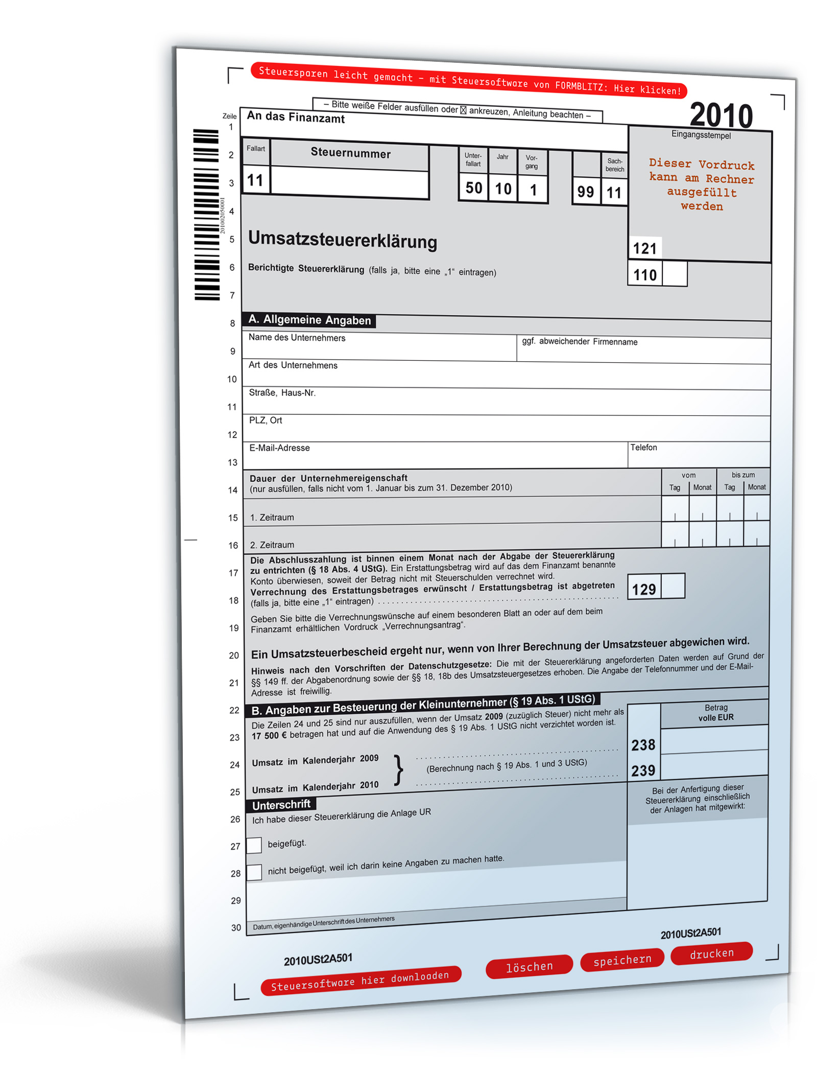 Umsatzsteuererklärung 2010 - Mantelbogen Dokument zum Download