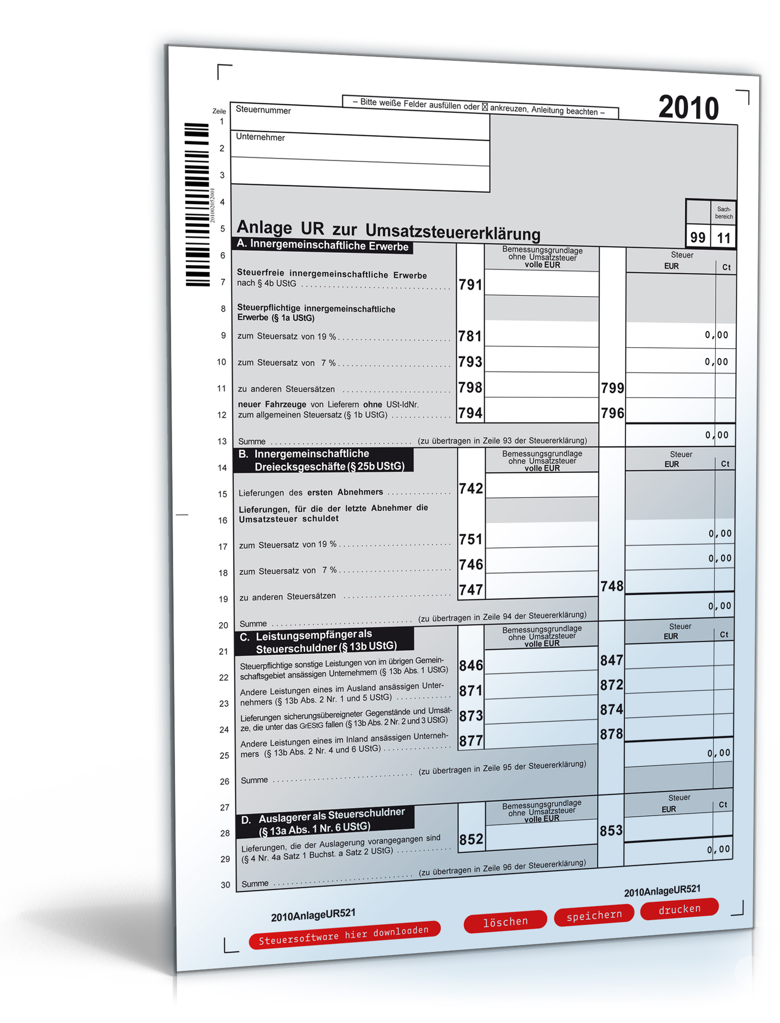 Anlagen zur Umsatzsteuererklärung 2010 Dokument zum Download