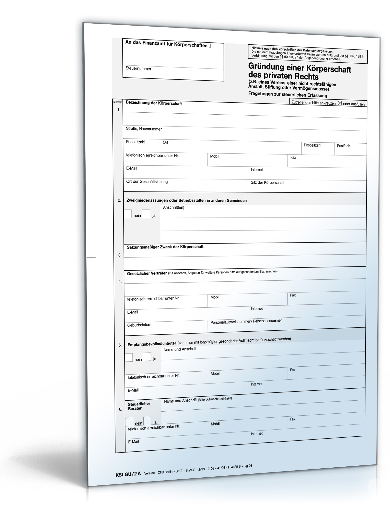 Fragebogen zur steuerlichen Erfassung bei Gründung einer Körperschaft Dokument zum Download