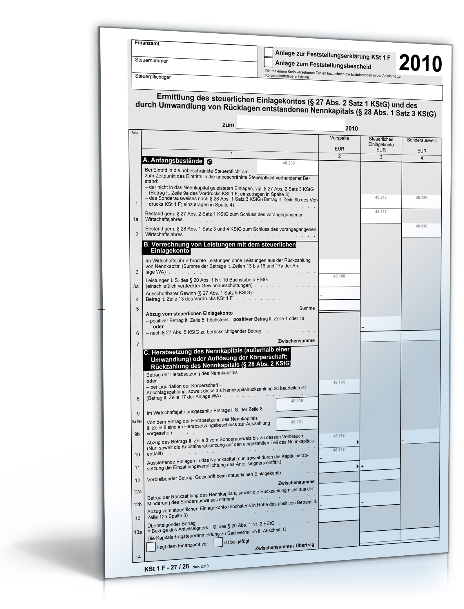 Anlage Ermittlung des steuerlichen Einlagekontos 2010 Dokument zum Download