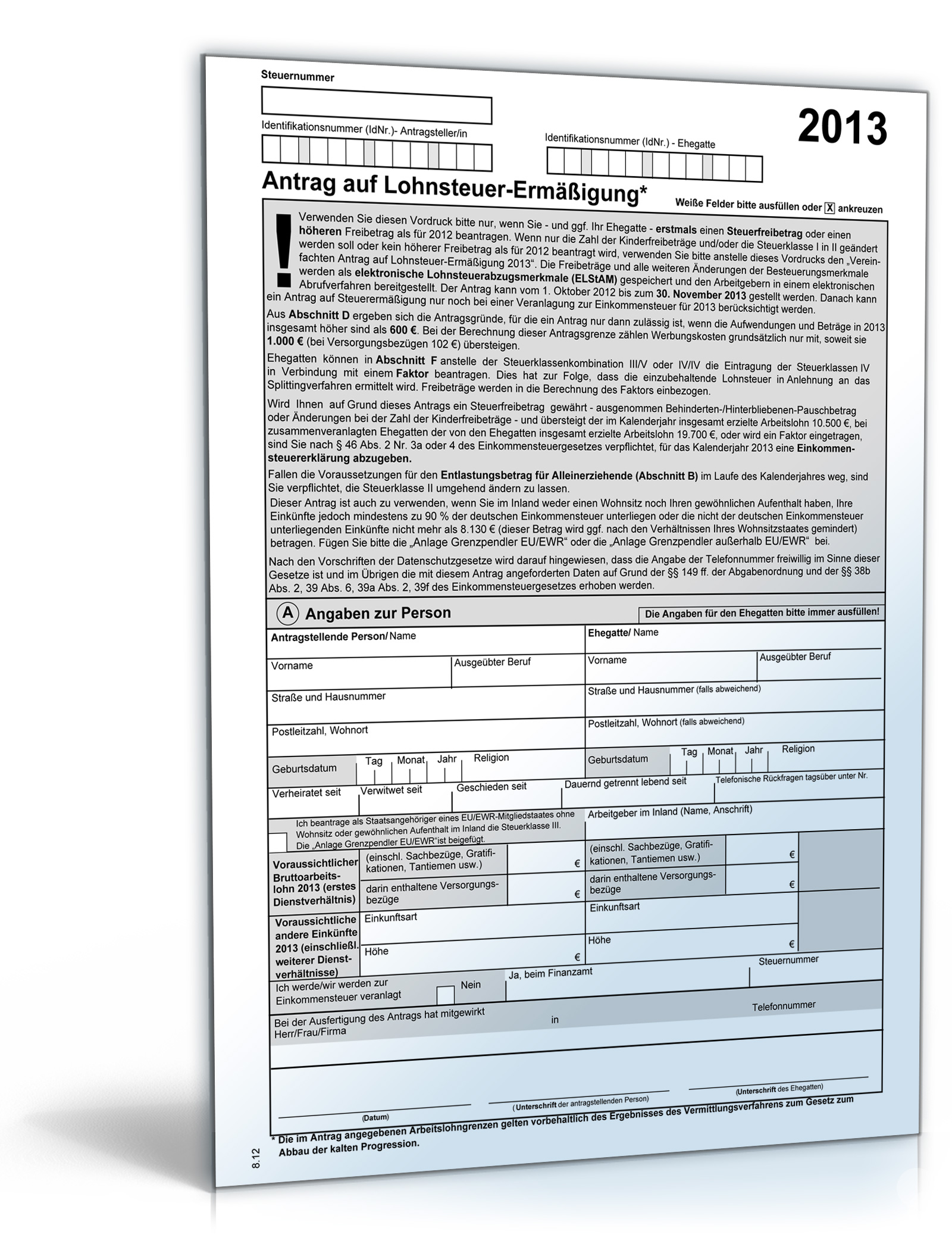 Antrag auf Lohnsteuer-Ermässigung  2013 Dokument zum Download